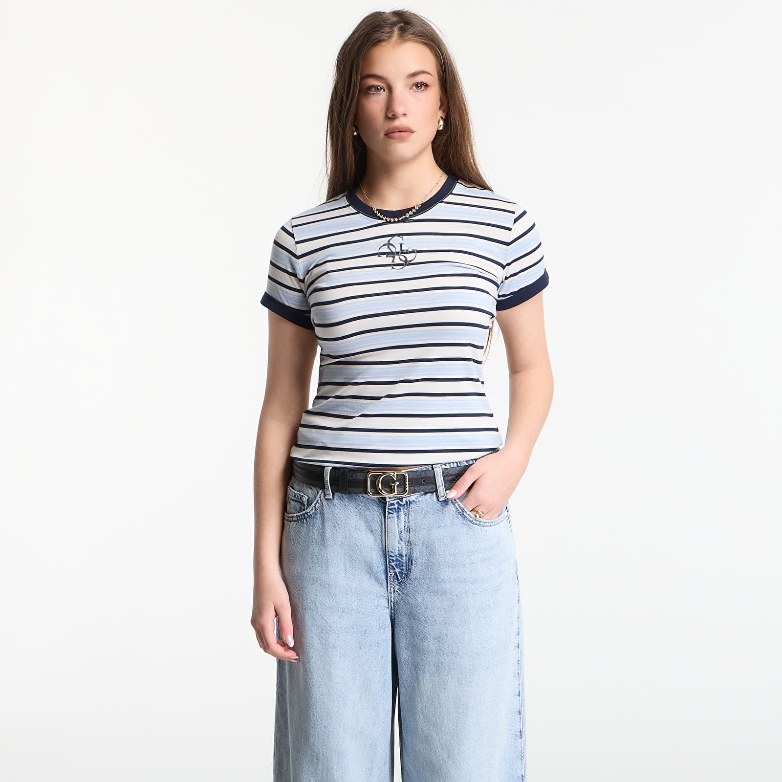 T-Shirts GUESS Ss Cn Striped Mini 4G Logo Tee Cream White/ Shad