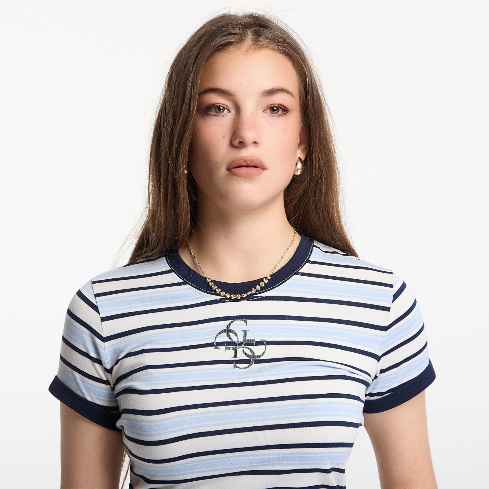 T-Shirts GUESS Ss Cn Striped Mini 4G Logo Tee Cream White/ Shad