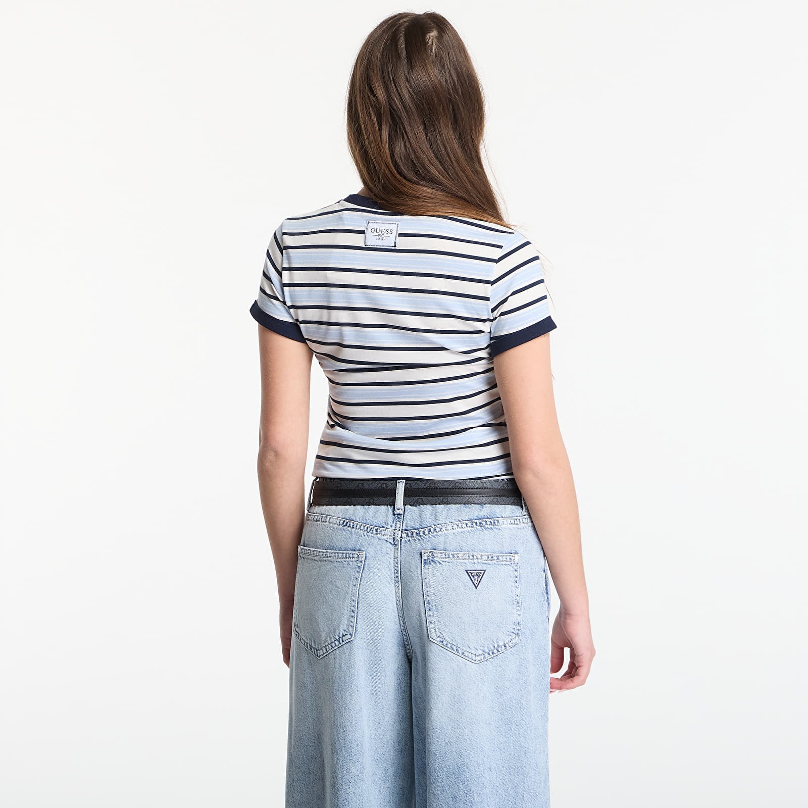 T-Shirts GUESS Ss Cn Striped Mini 4G Logo Tee Cream White/ Shad