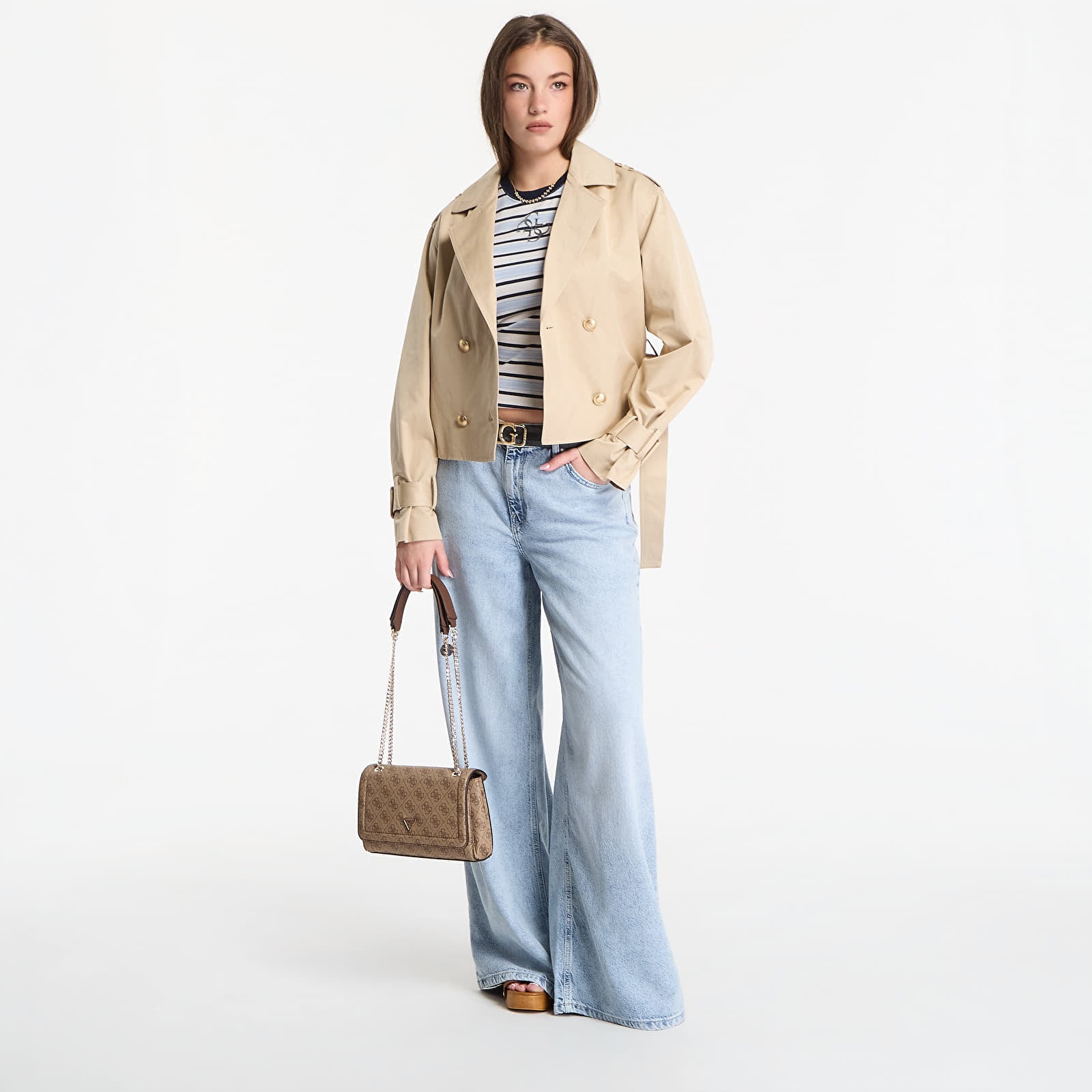 T-Shirts GUESS Ss Cn Striped Mini 4G Logo Tee Cream White/ Shad