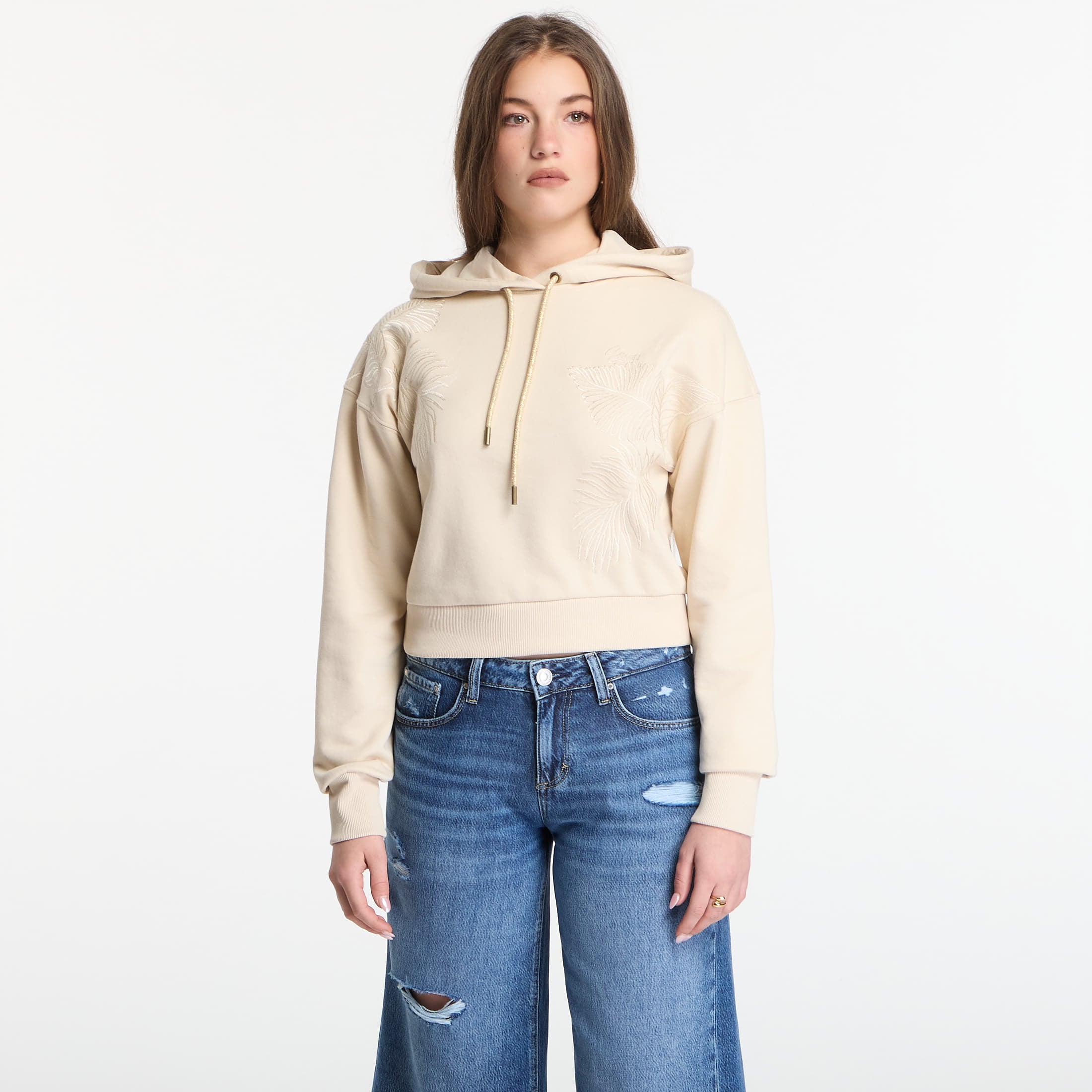 Sweatshirt Guess Jeans Ls Hooded Leaves Crop Sweatshirt Pearl Oyster S