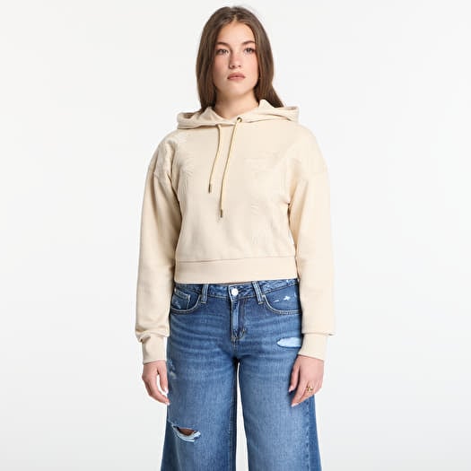 Guess Jeans Ls Hooded Leaves Crop Sweatshirt Pearl Oyster