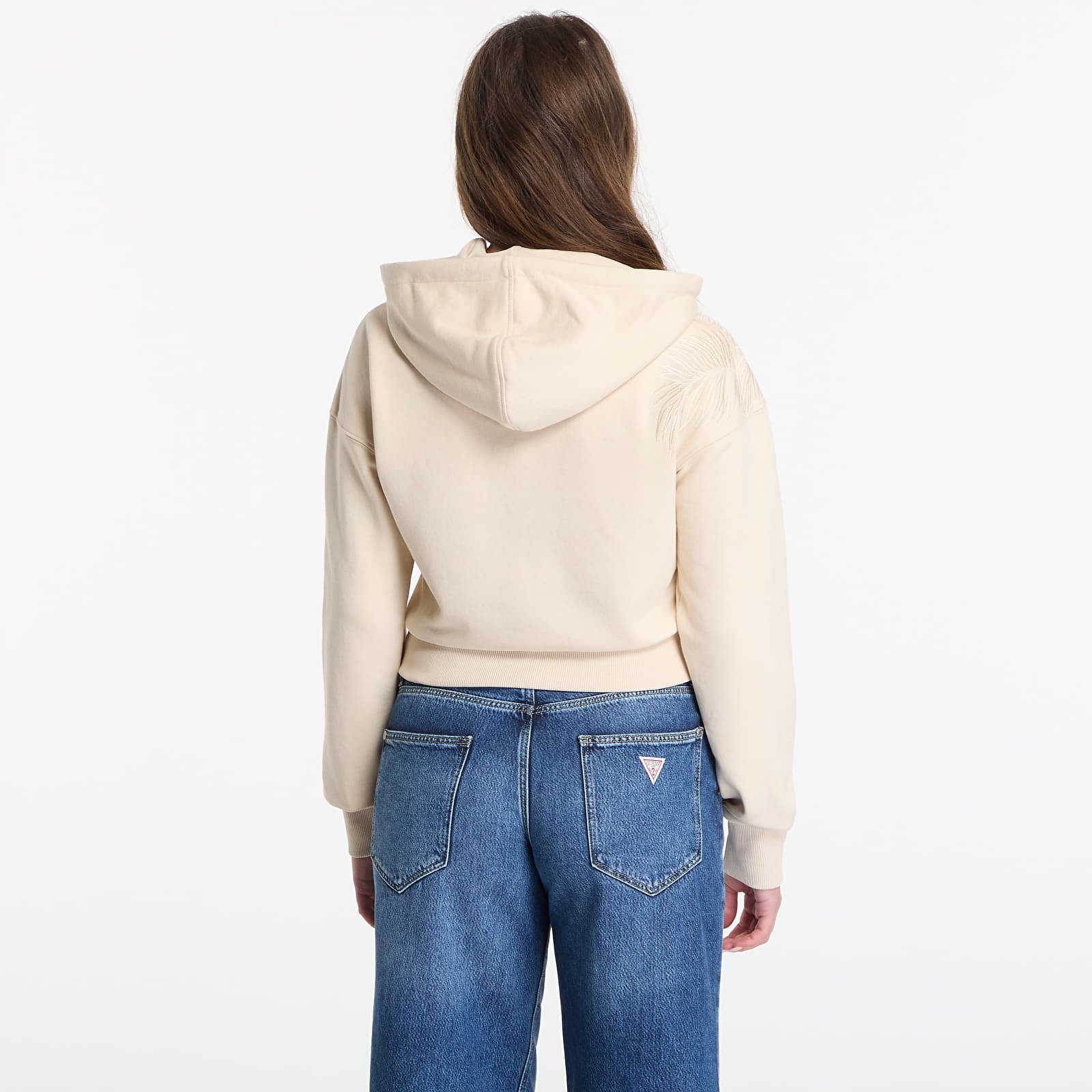 Sweatshirts Guess Jeans Ls Hooded Leaves Crop Sweatshirt Pearl Oyster