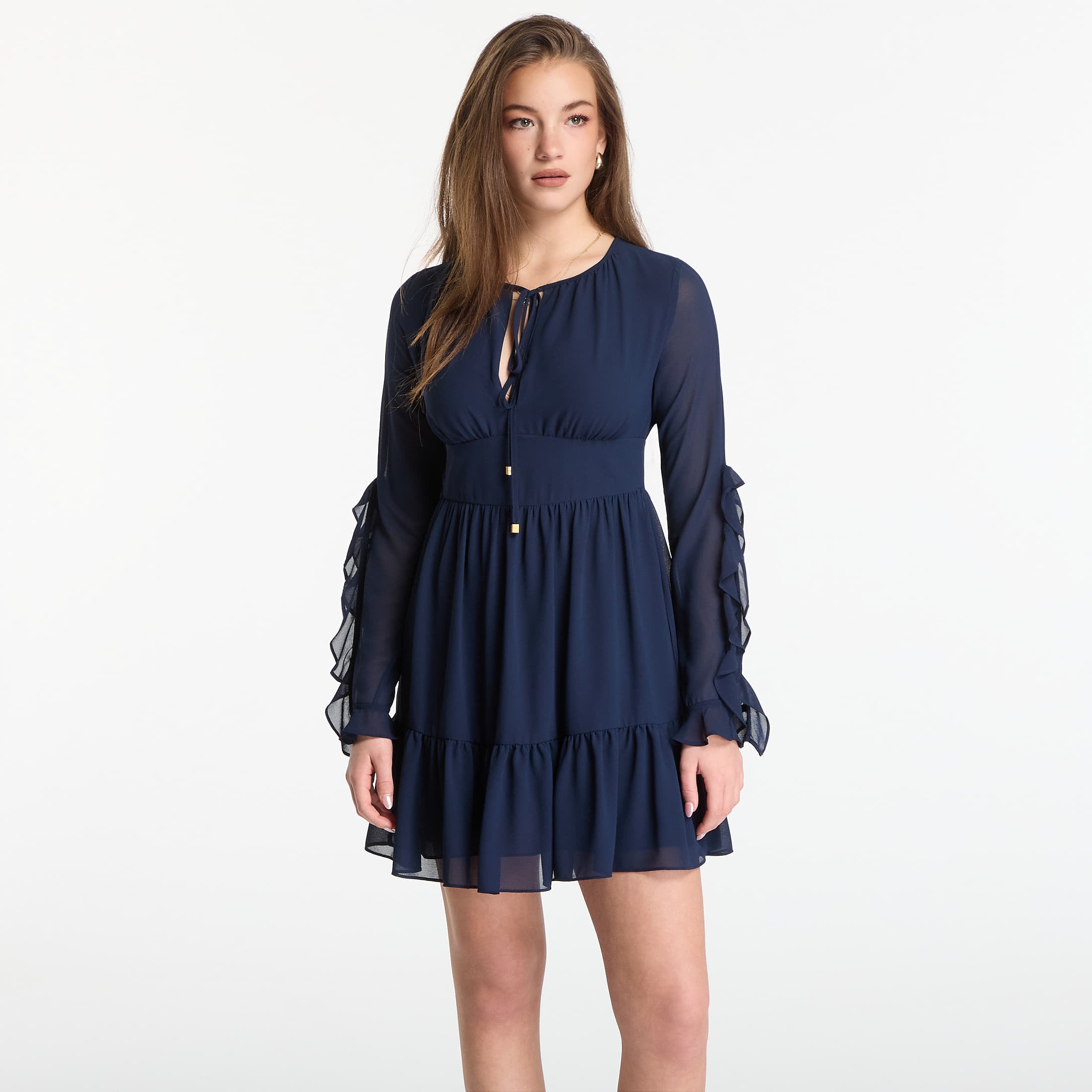 Dress Michael Kors Ruffled Georgette Long-Sleeve Dress Midnight Blue L