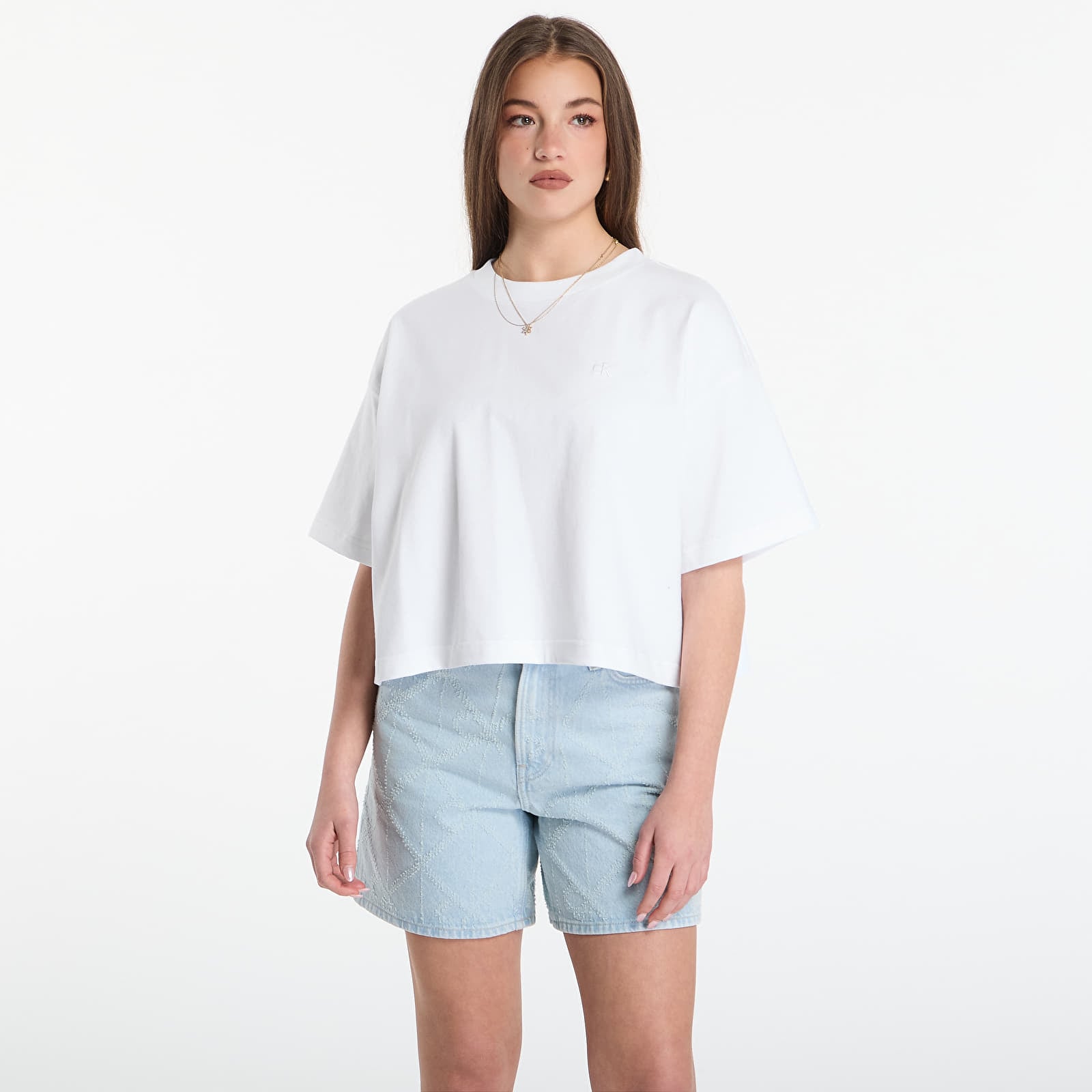 T-Shirts Calvin Klein Jeans Ss Cropped Boxy Satin Floral Tee Bright White