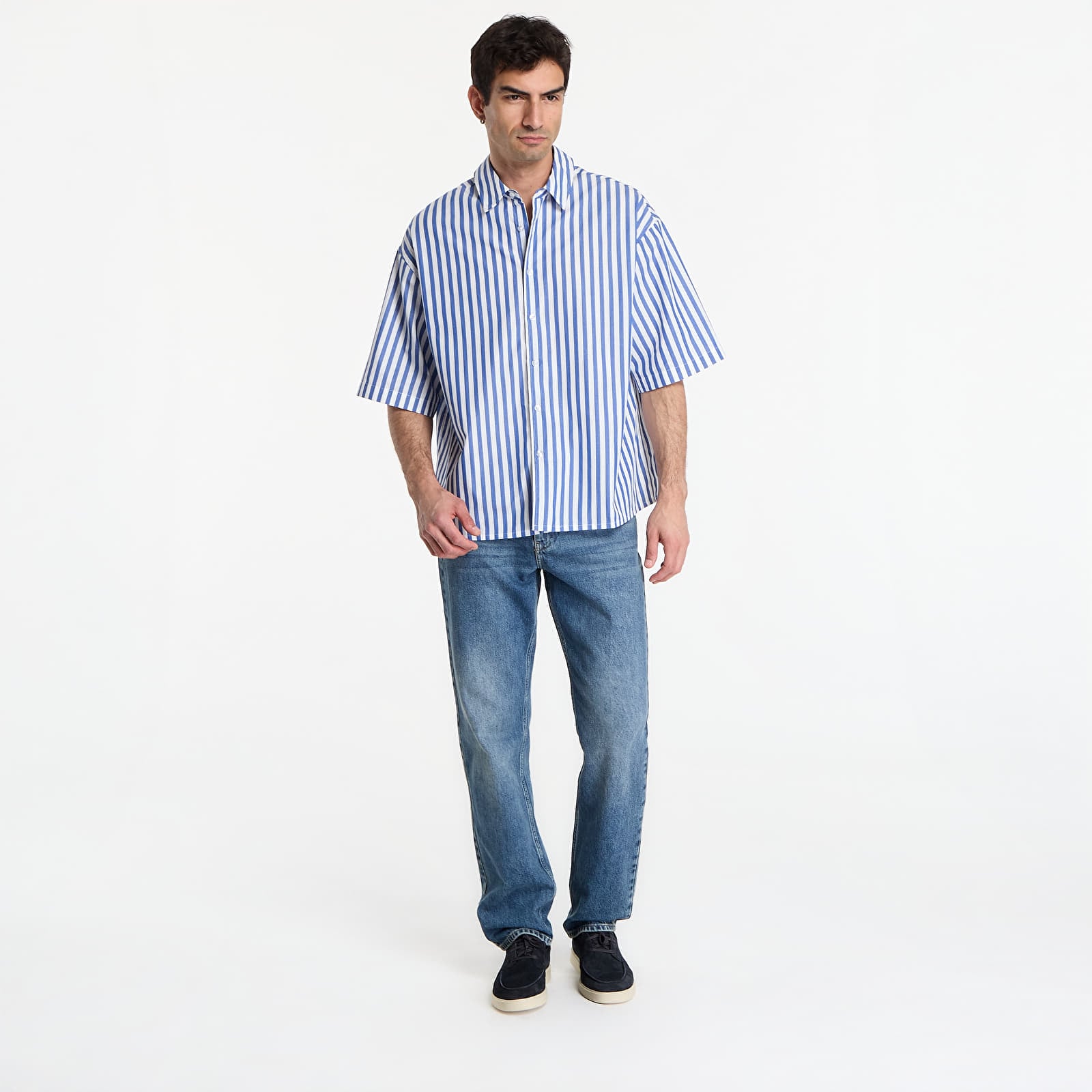 Koszule Urban Classics Striped Short Sleeve Summer Shirt  White/ Blue