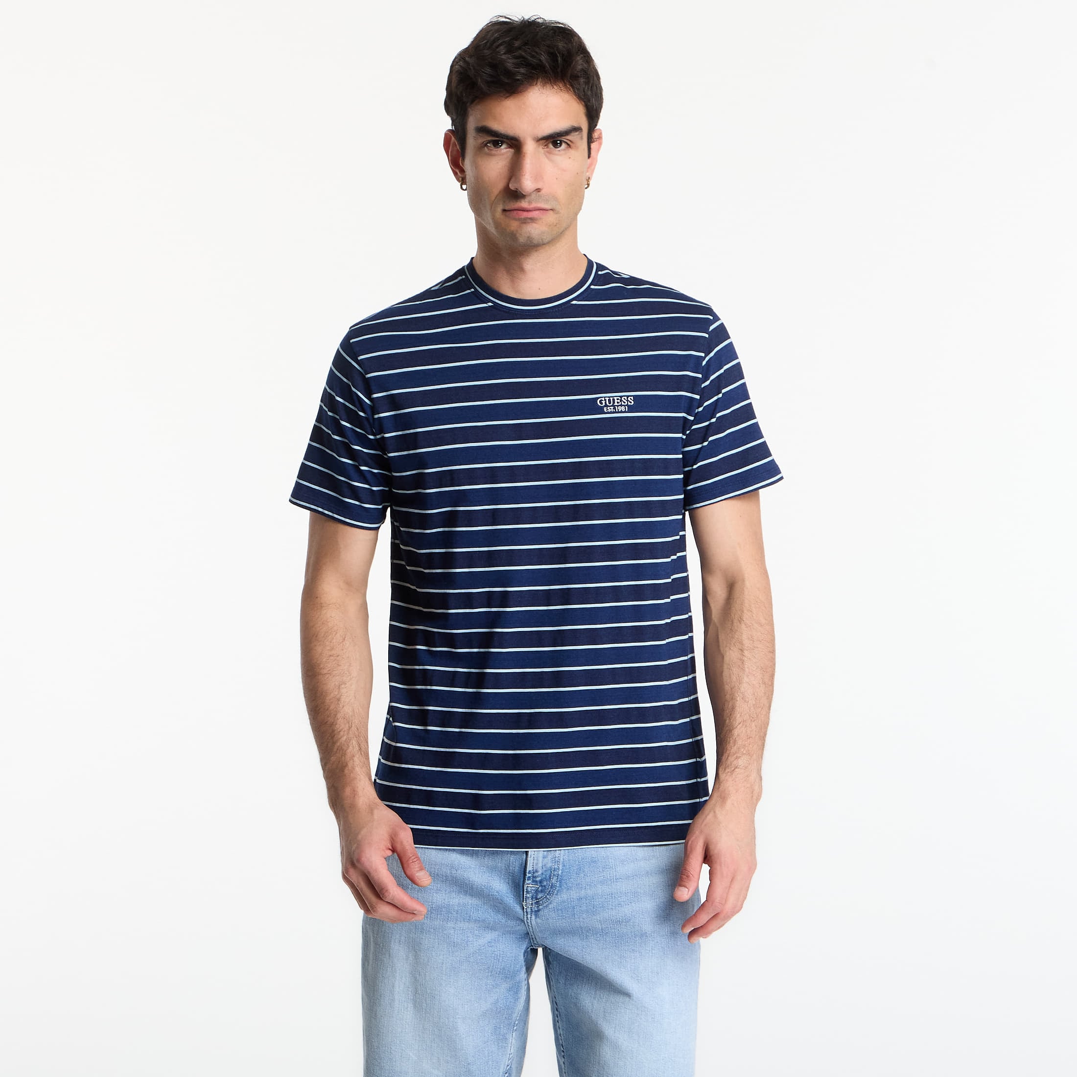 T-shirt GUESS Cn Ss Indigo Stripes Embro Tee Dark Indigo White St L