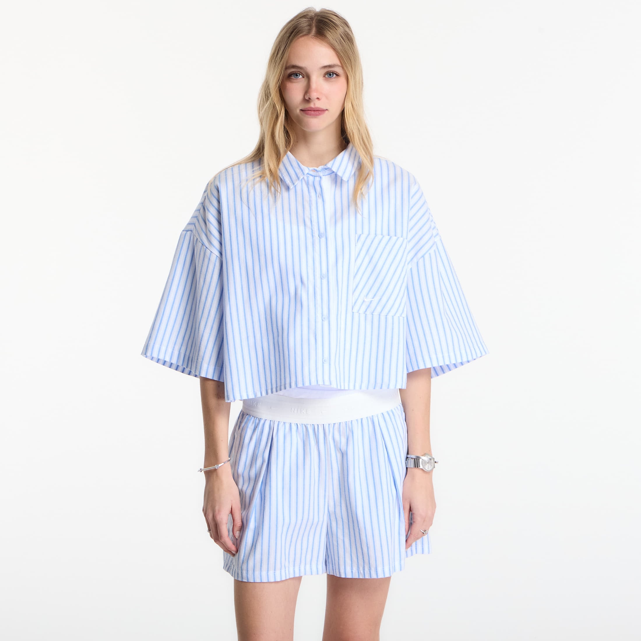 Shirt Nike Sportswear Chill Poplin Women's Oversized Short-Sleeve Top Lt Photo Blue/ Hydrogen Blue/ Summit White L