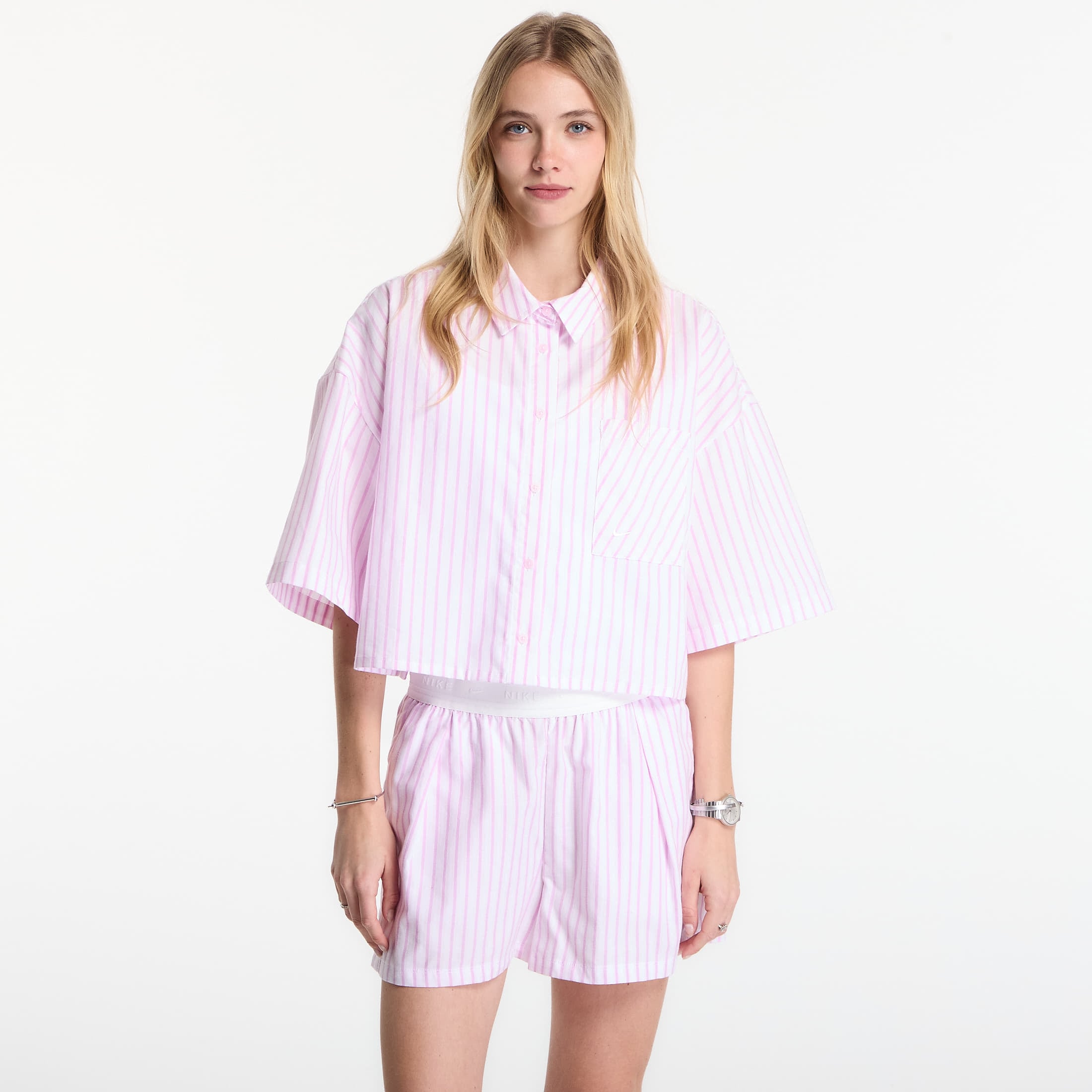 Shirt Nike Sportswear Chill Poplin Women's Oversized Short-Sleeve Top Lt Magenta/ Pink Foam/ Summit White S