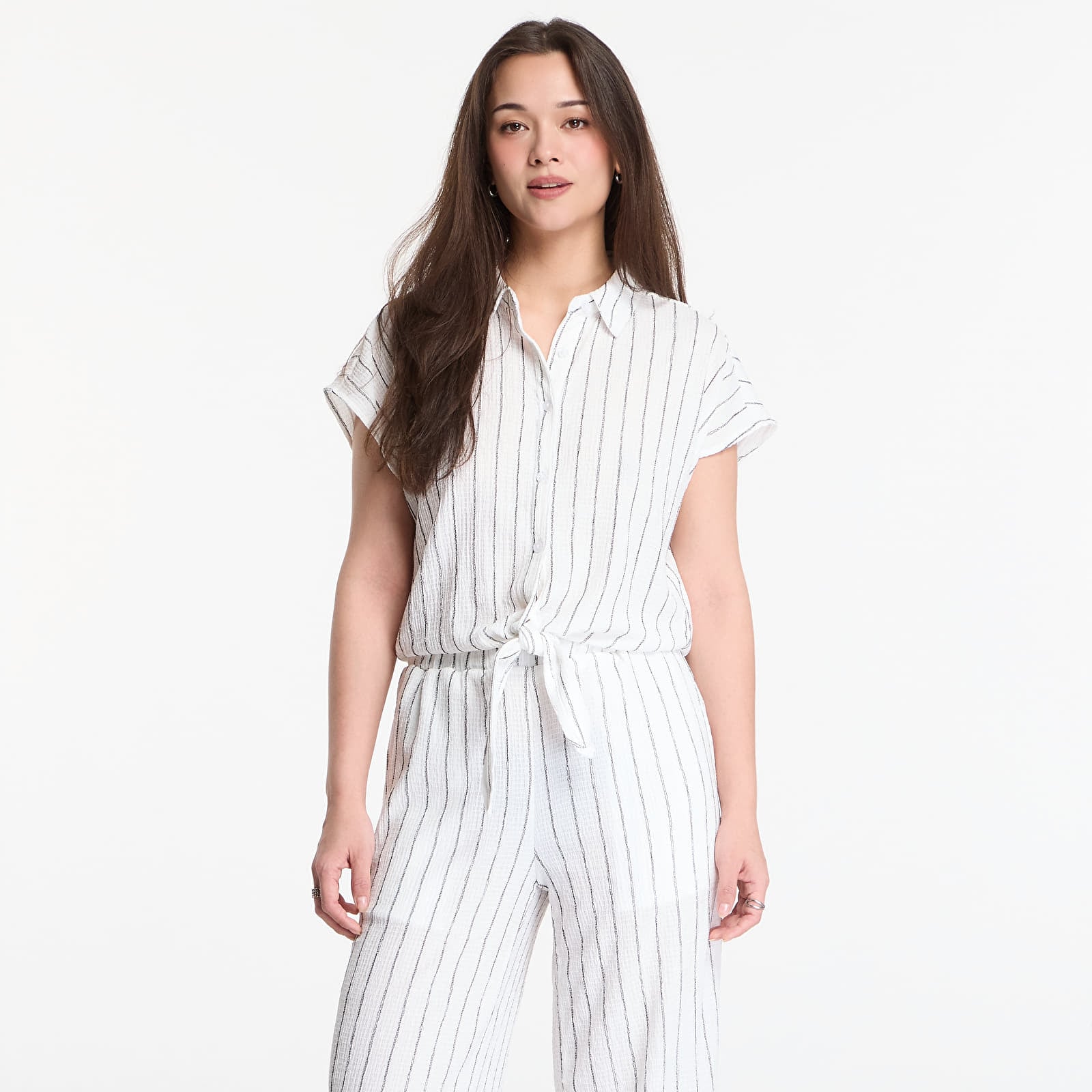 Shirts Urban Classics Ladies Structured Striped Tied Blouse  Off White/ Black