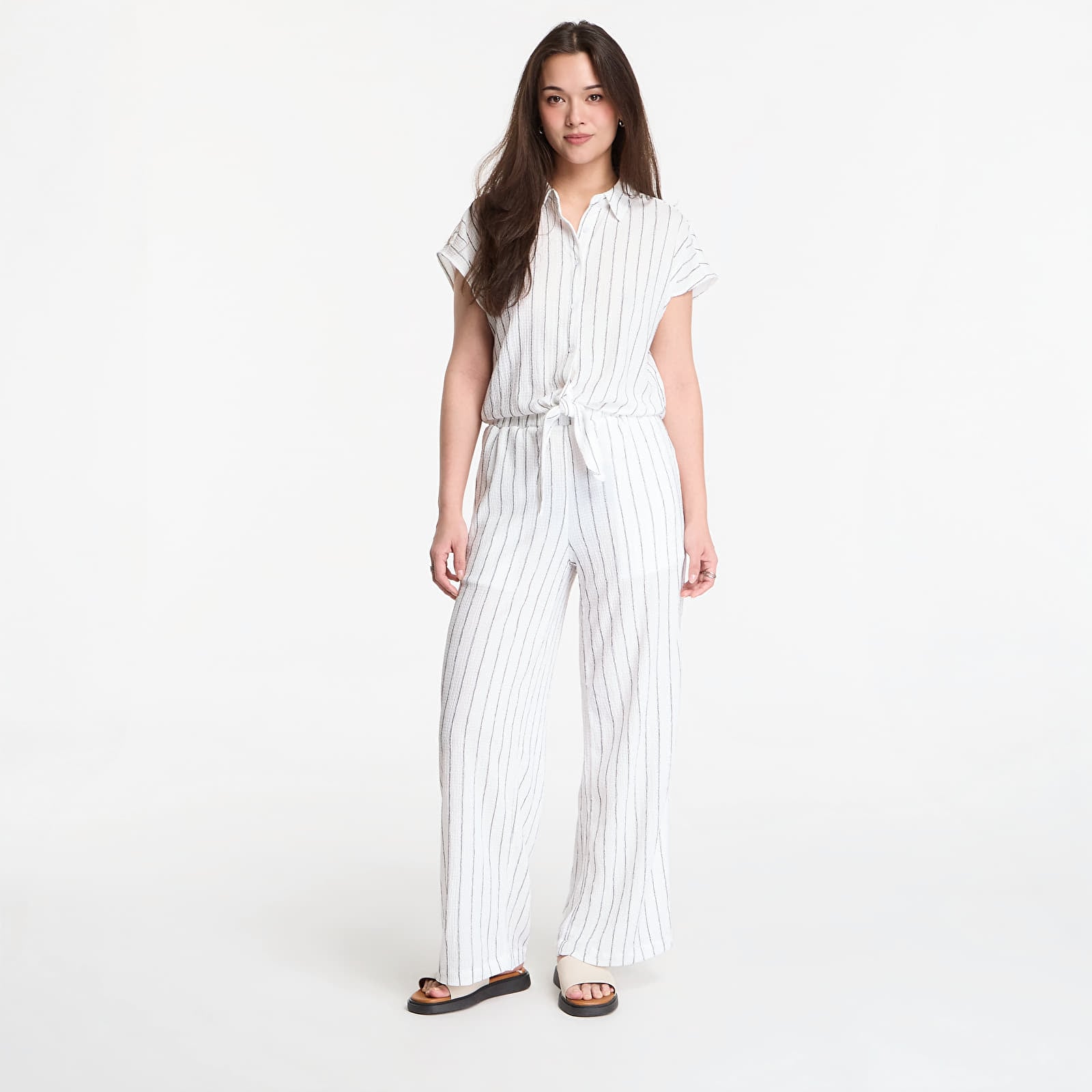 Shirts Urban Classics Ladies Structured Striped Tied Blouse  Off White/ Black