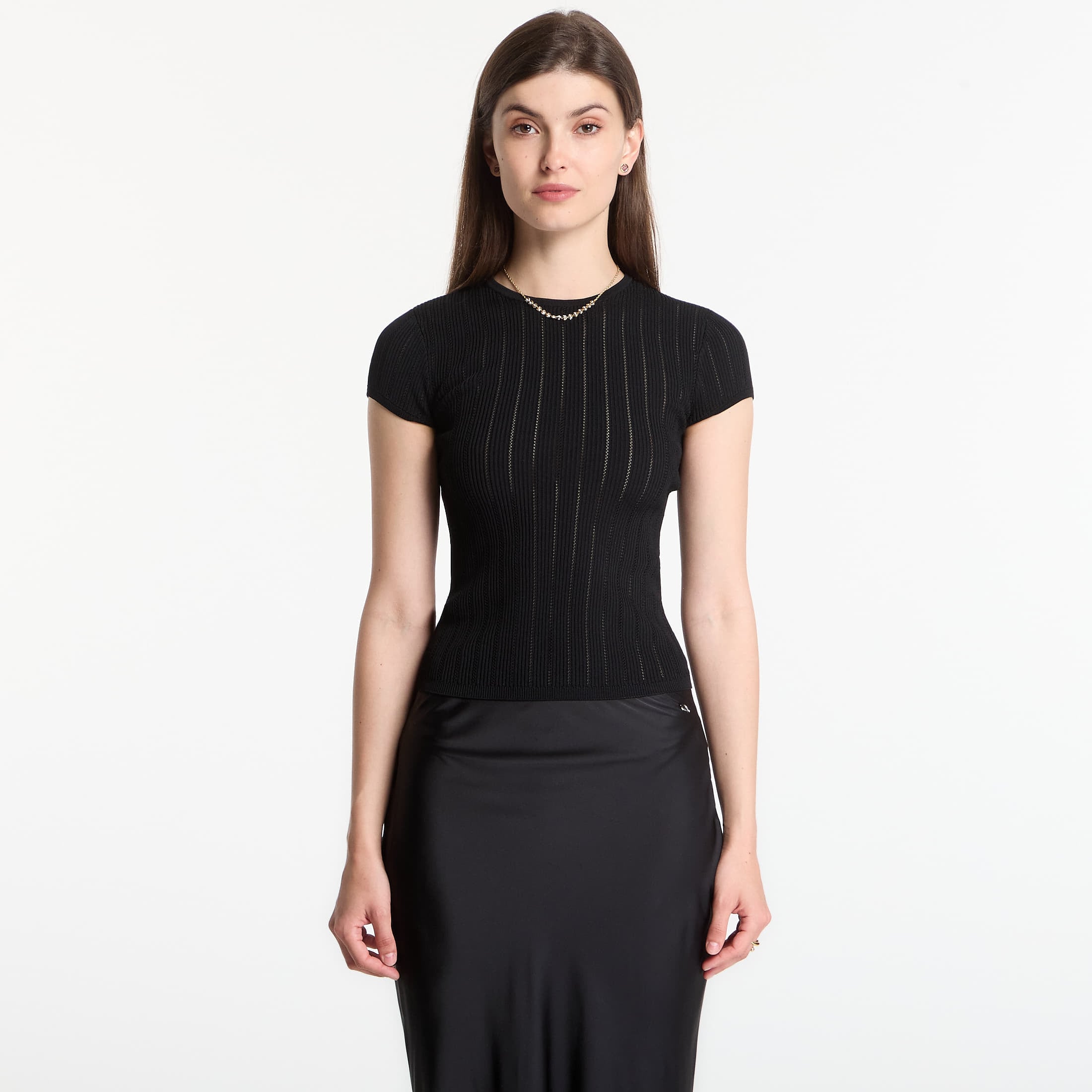 T-shirt GUESS Ss Cn Rib Pointelle Mix Kara S Jet Black S