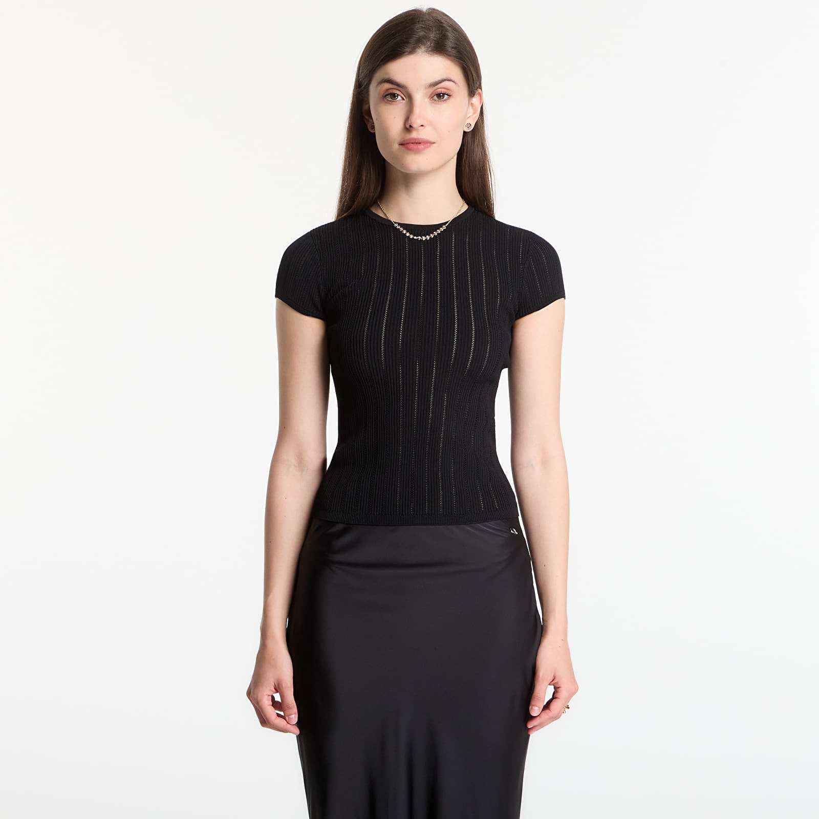 Magliette GUESS Ss Cn Rib Pointelle Mix Kara S Jet Black
