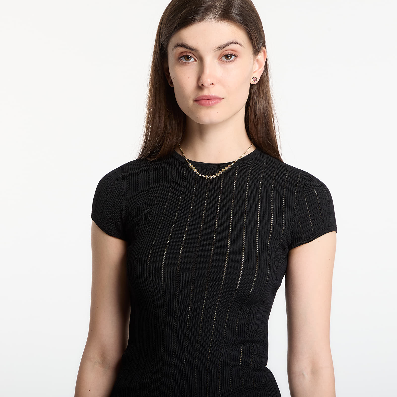 Magliette GUESS Ss Cn Rib Pointelle Mix Kara S Jet Black