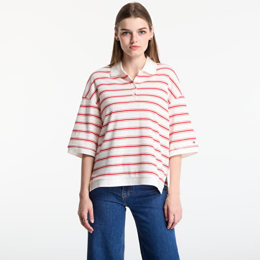 T-shirt Tommy Hilfiger Multistp Oversized Ss Polo Tee Multi Stp Ecru / Fire Red