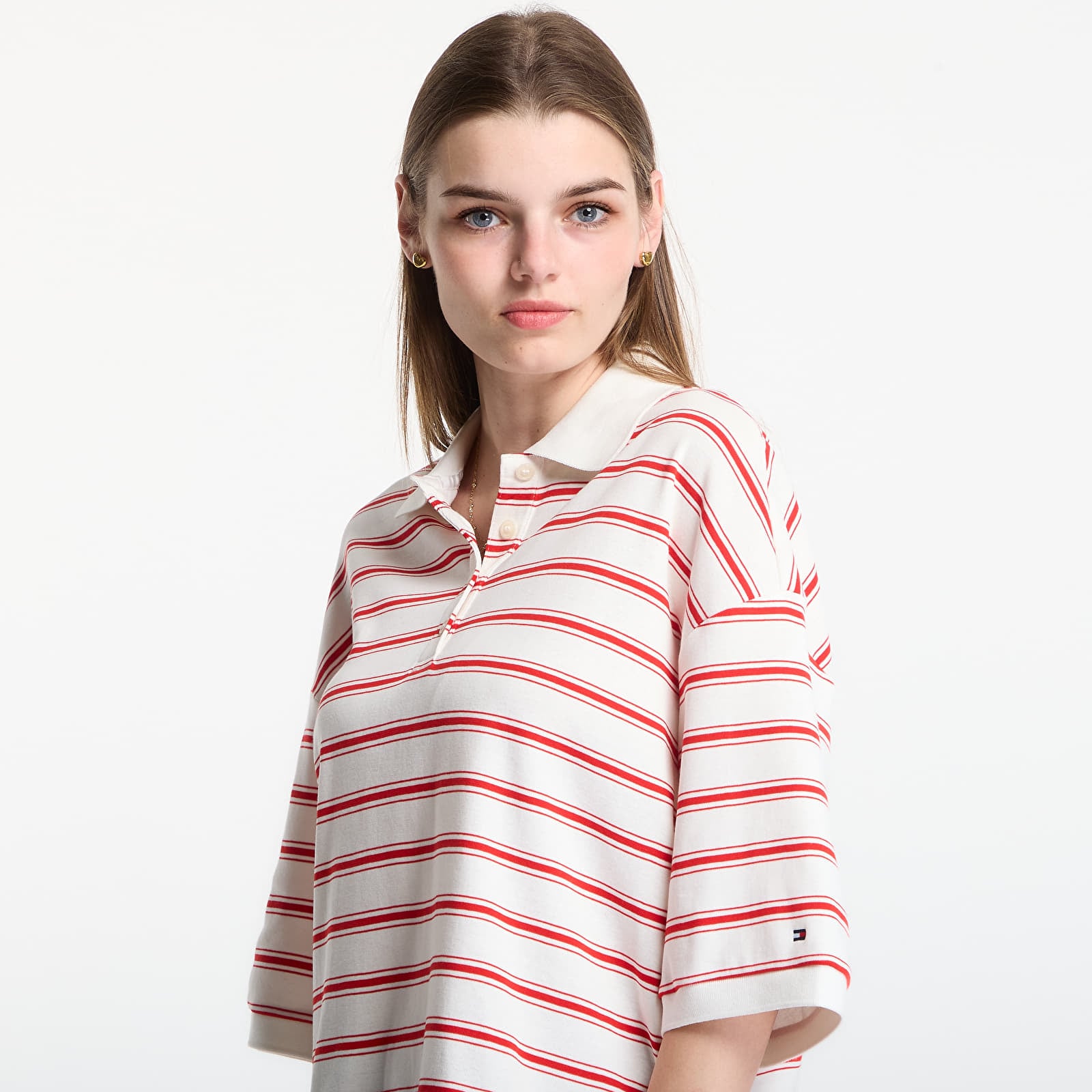 Magliette Tommy Hilfiger Multistp Oversized Ss Polo Tee Multi Stp Ecru / Fire Red