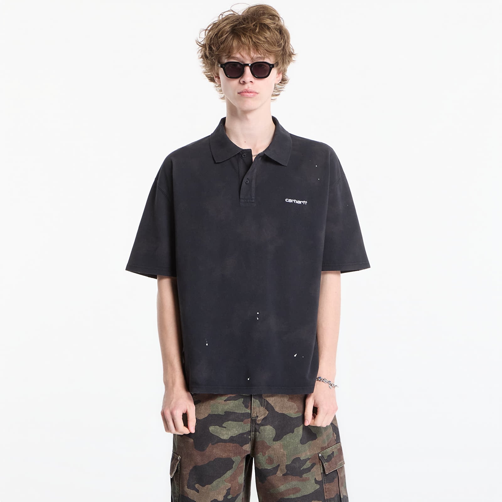 Tricouri bărbați Carhartt WIP S/S Painter Polo UNISEX Black Destroy Wash, Splatter