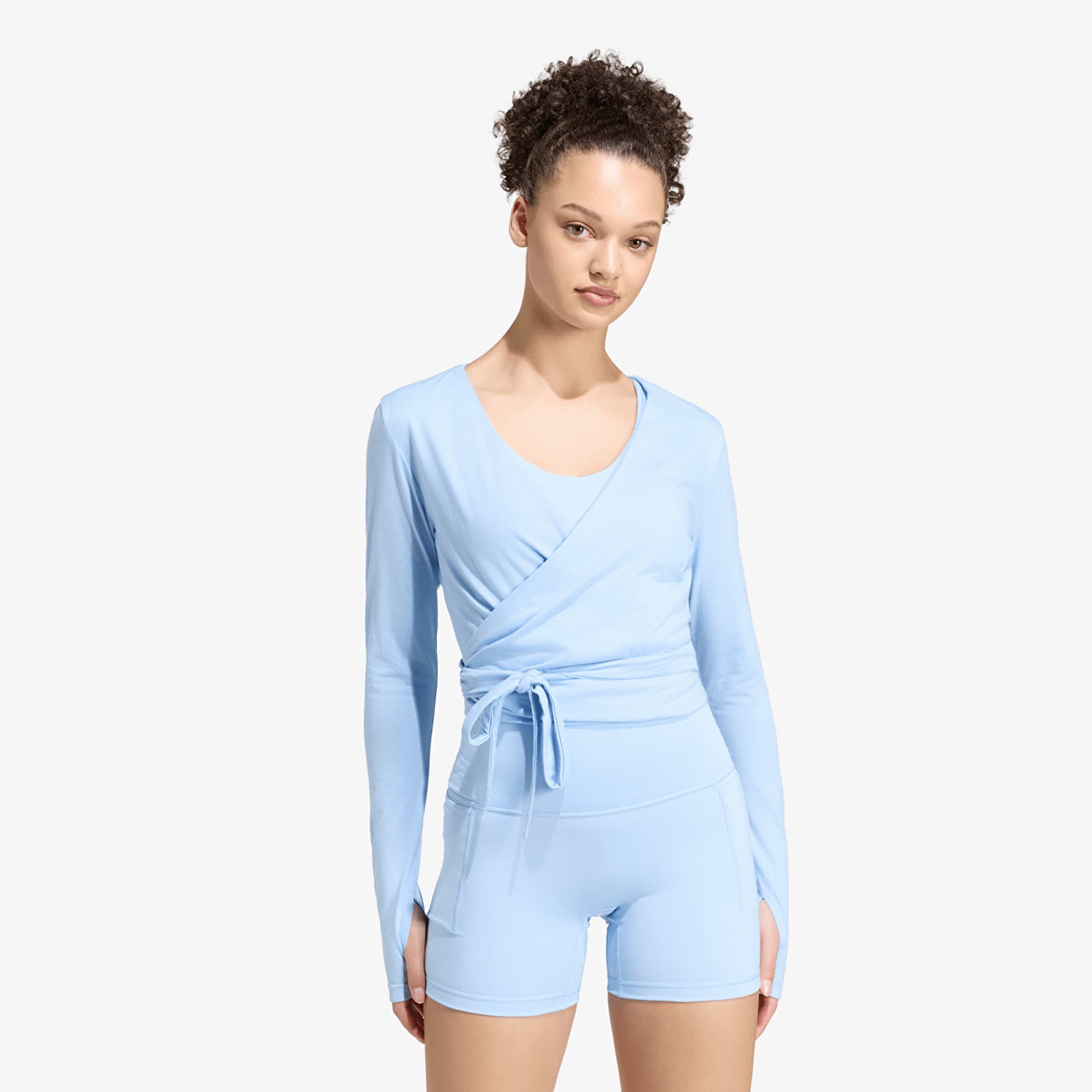 Magliette da donna adidas 3 Stripes Studio Soft Ballet Wrap Top Glow Blue/ Earth Strata