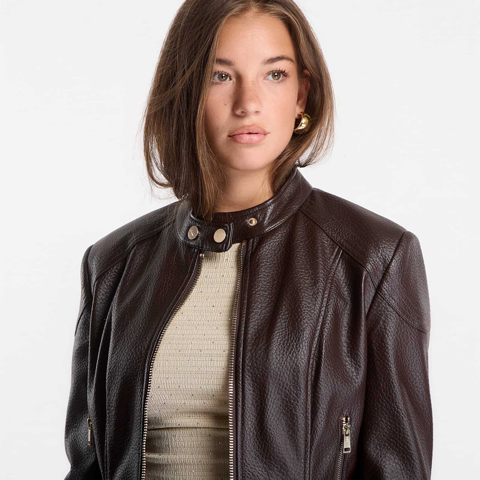 Casacos GUESS Marlene Caribou Pu Moto Jacket Chocco Brown