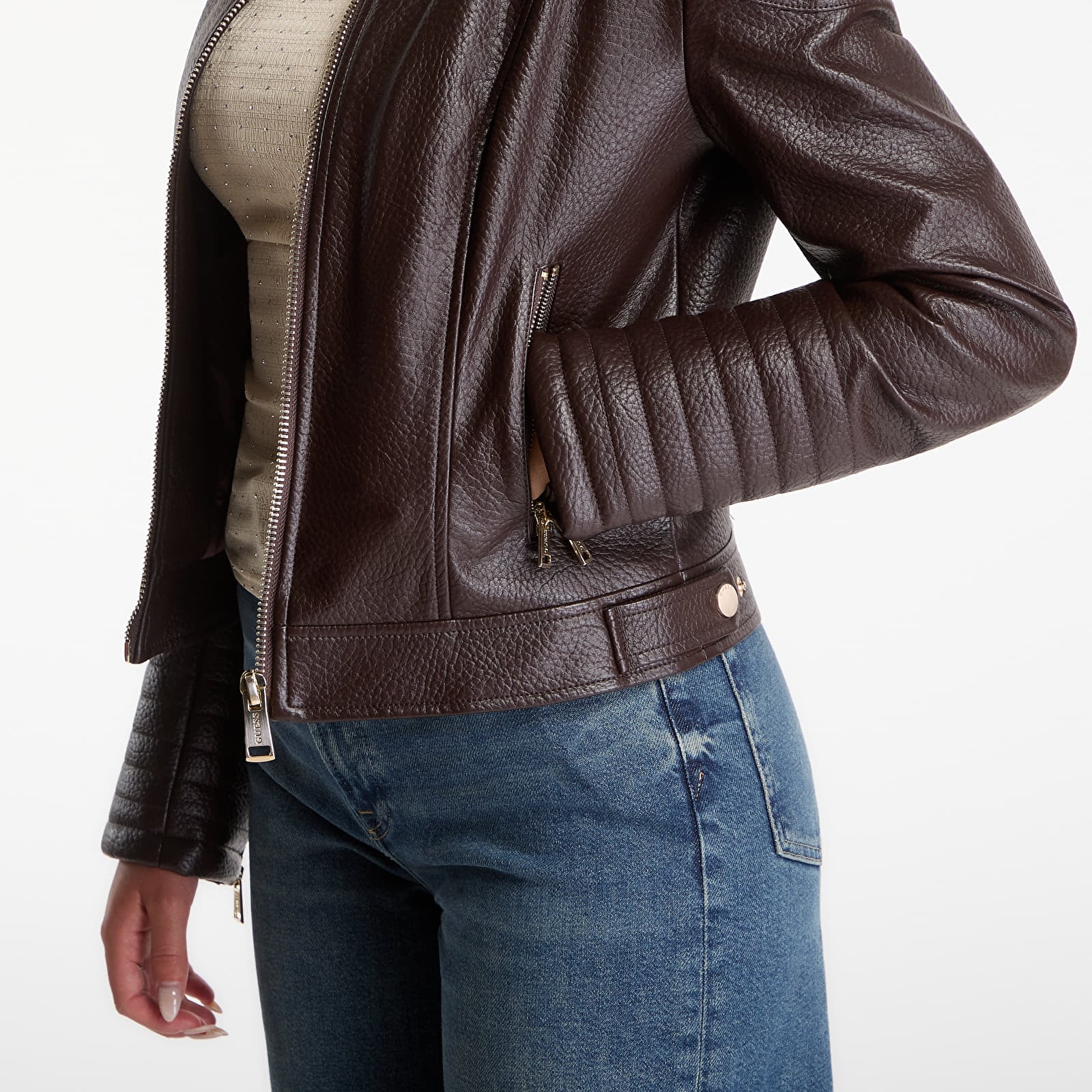 Casacos GUESS Marlene Caribou Pu Moto Jacket Chocco Brown