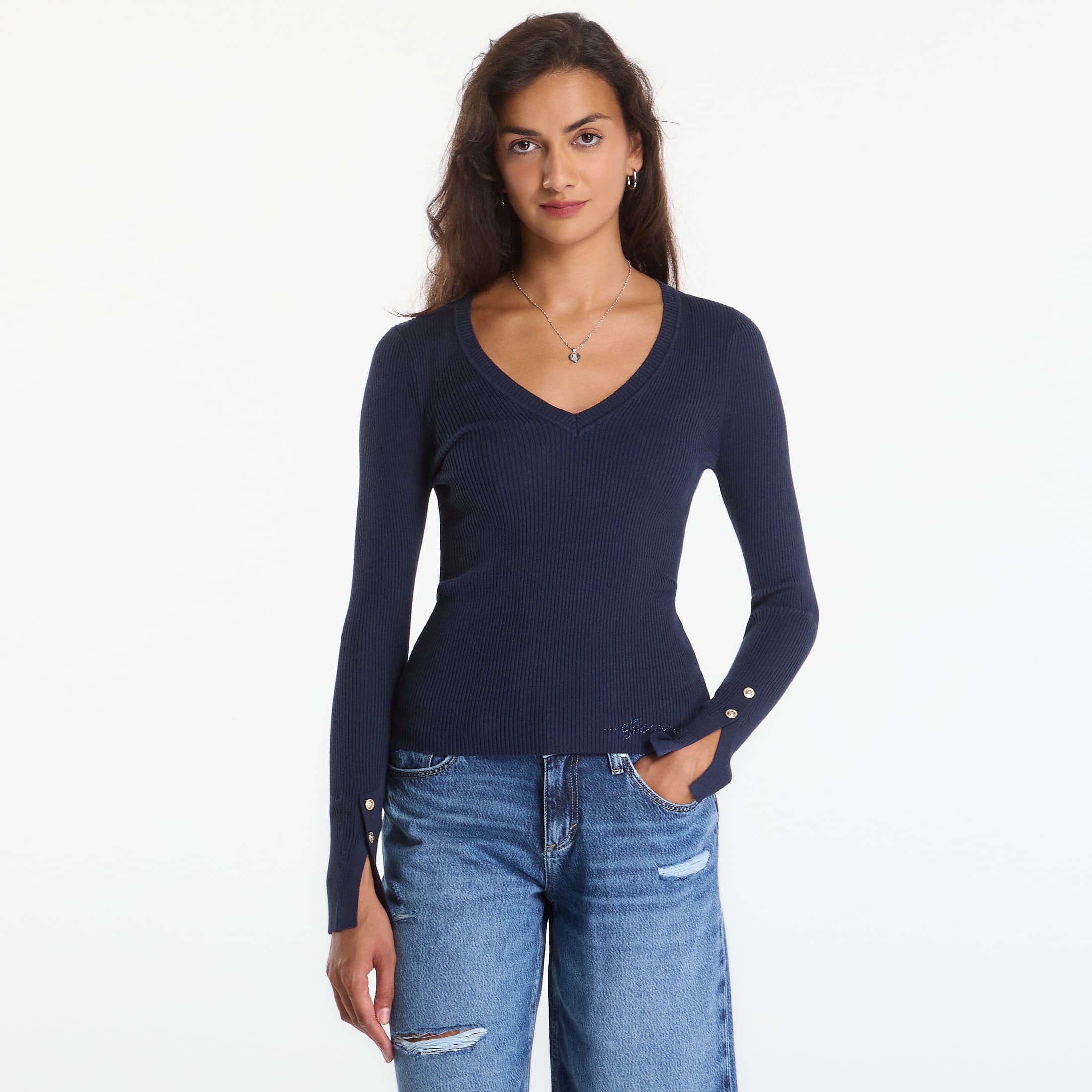 Пуловер GUESS Ls Vn Ellie Sweater Blackened Blue L