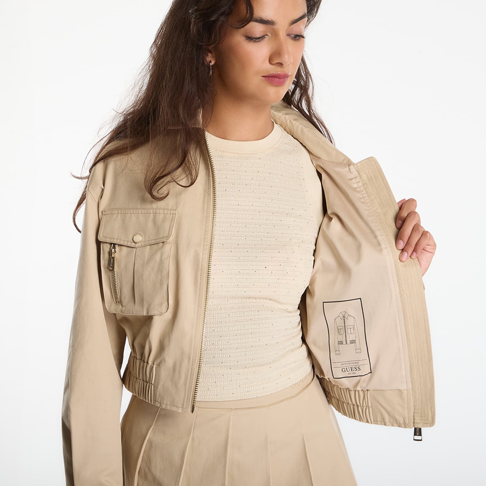 Casacos GUESS Juliane Utility Cargo Pocket Jacket Safari Tan