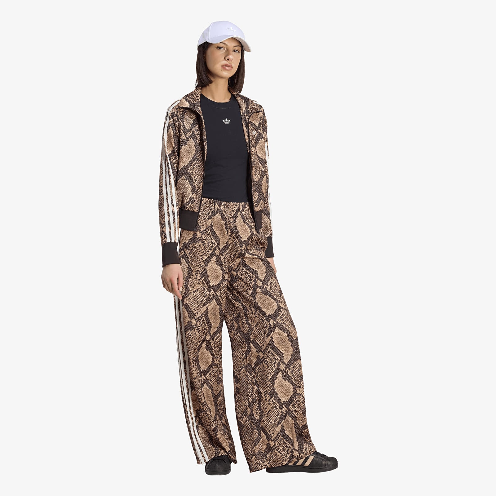 Women's Trousers adidas Satin Snake Print Wide Leg Track JOGgers Linen/ Magic Beige