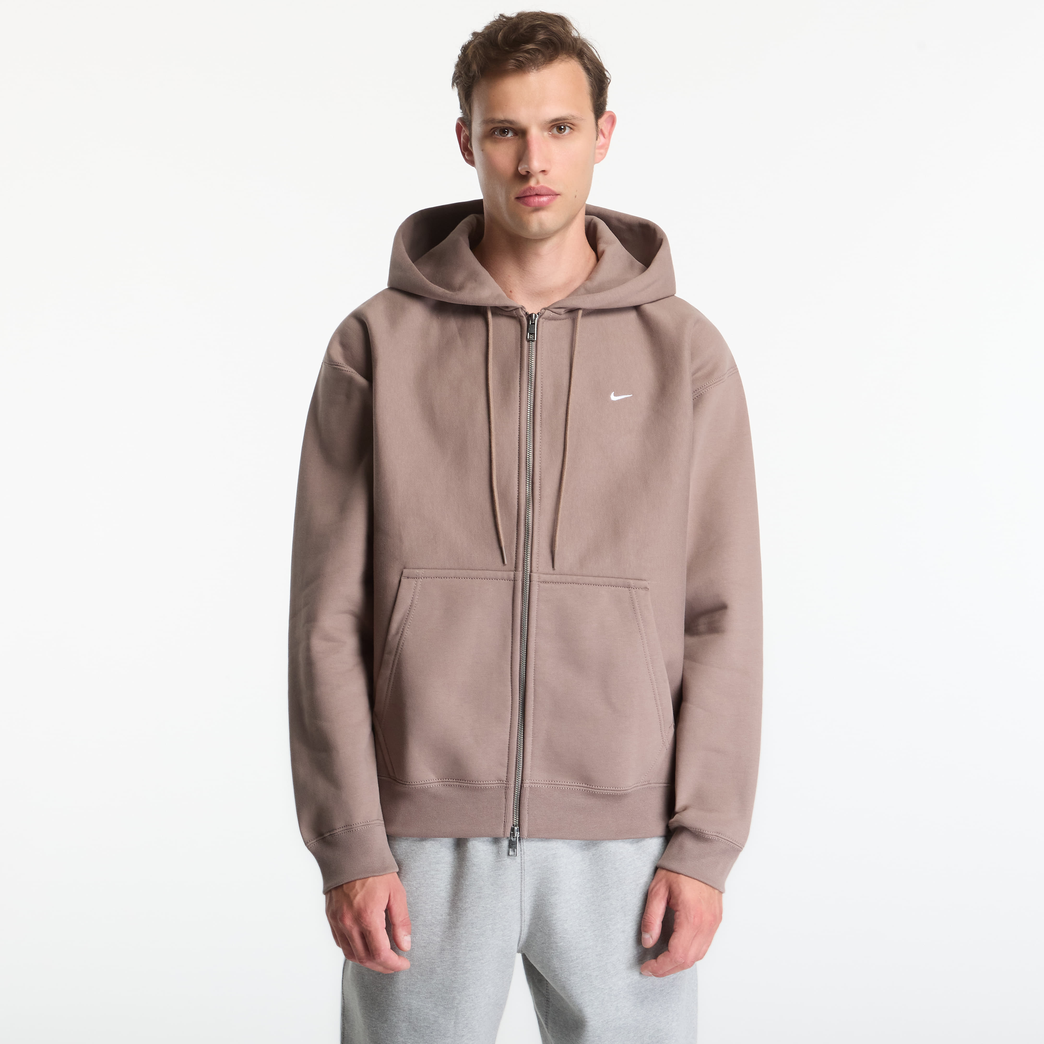 Суитшърт Nike Solo Swoosh Men's Full-Zip Fleece Hoodie Mink Brown/ Mink Brown/ White M