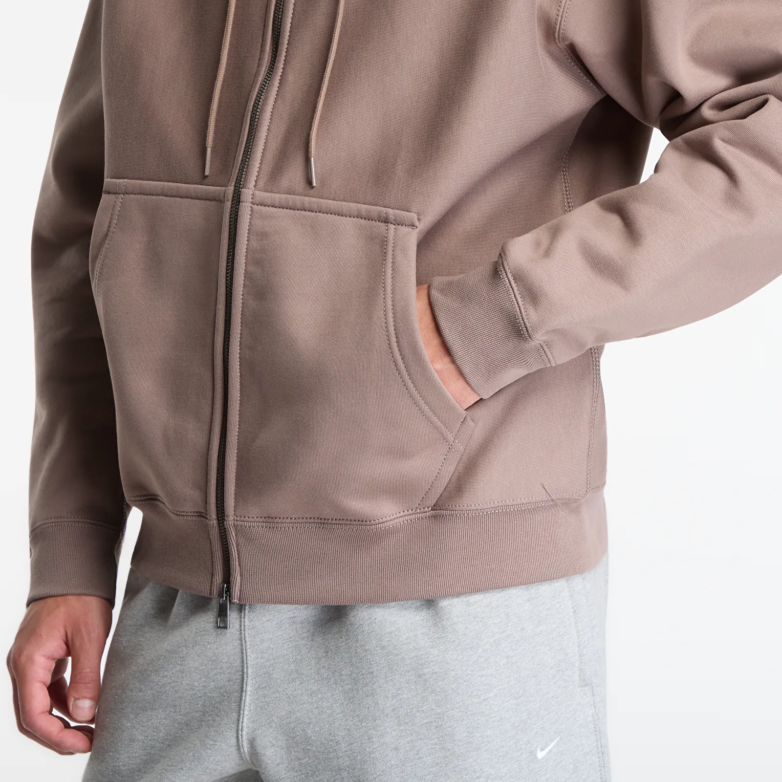 Herren-Sweatshirts Nike Solo Swoosh Men's Full-Zip Fleece Hoodie Mink Brown/ Mink Brown/ White