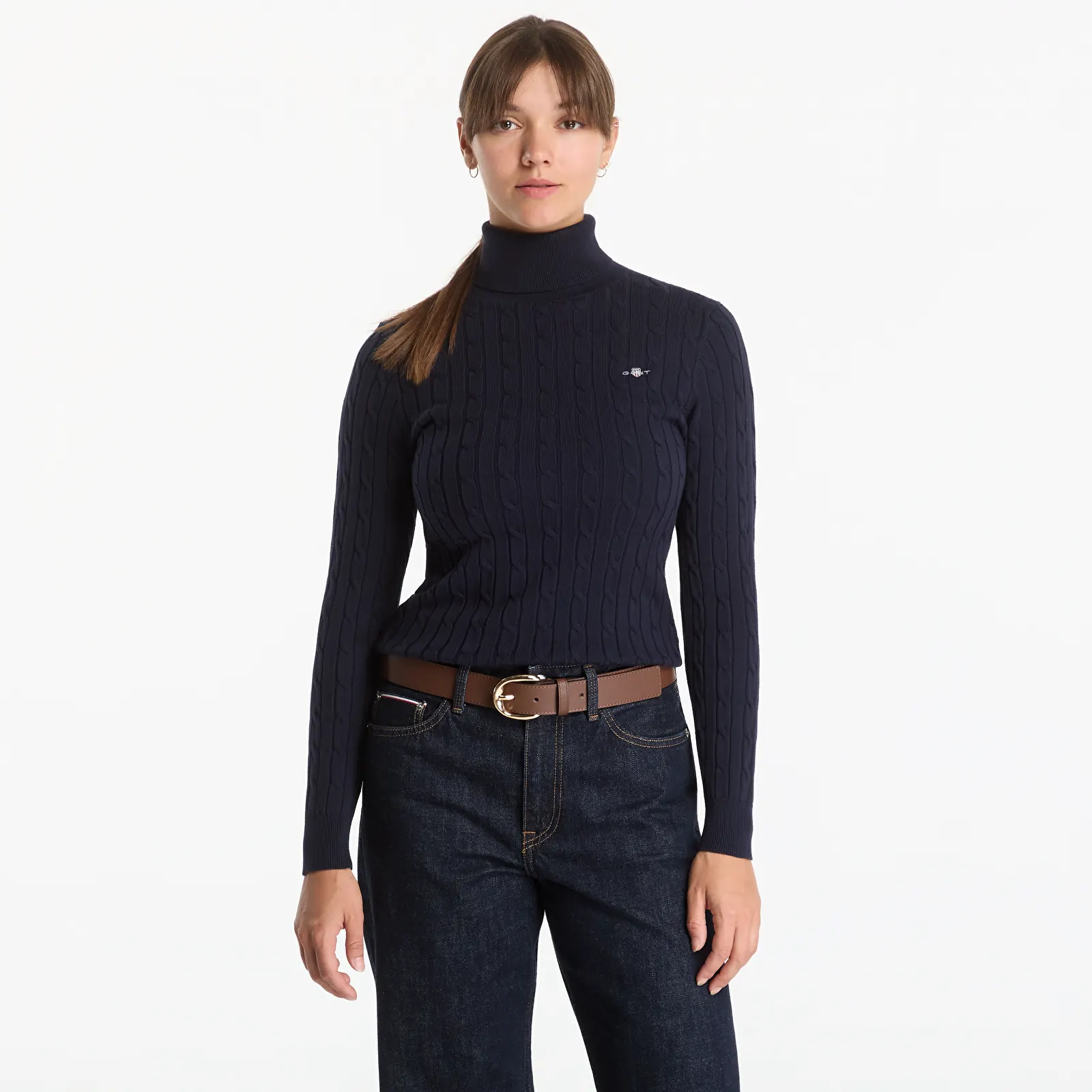 Svetry Gant Stretch Cotton Cable Turtleneck Evening Blue