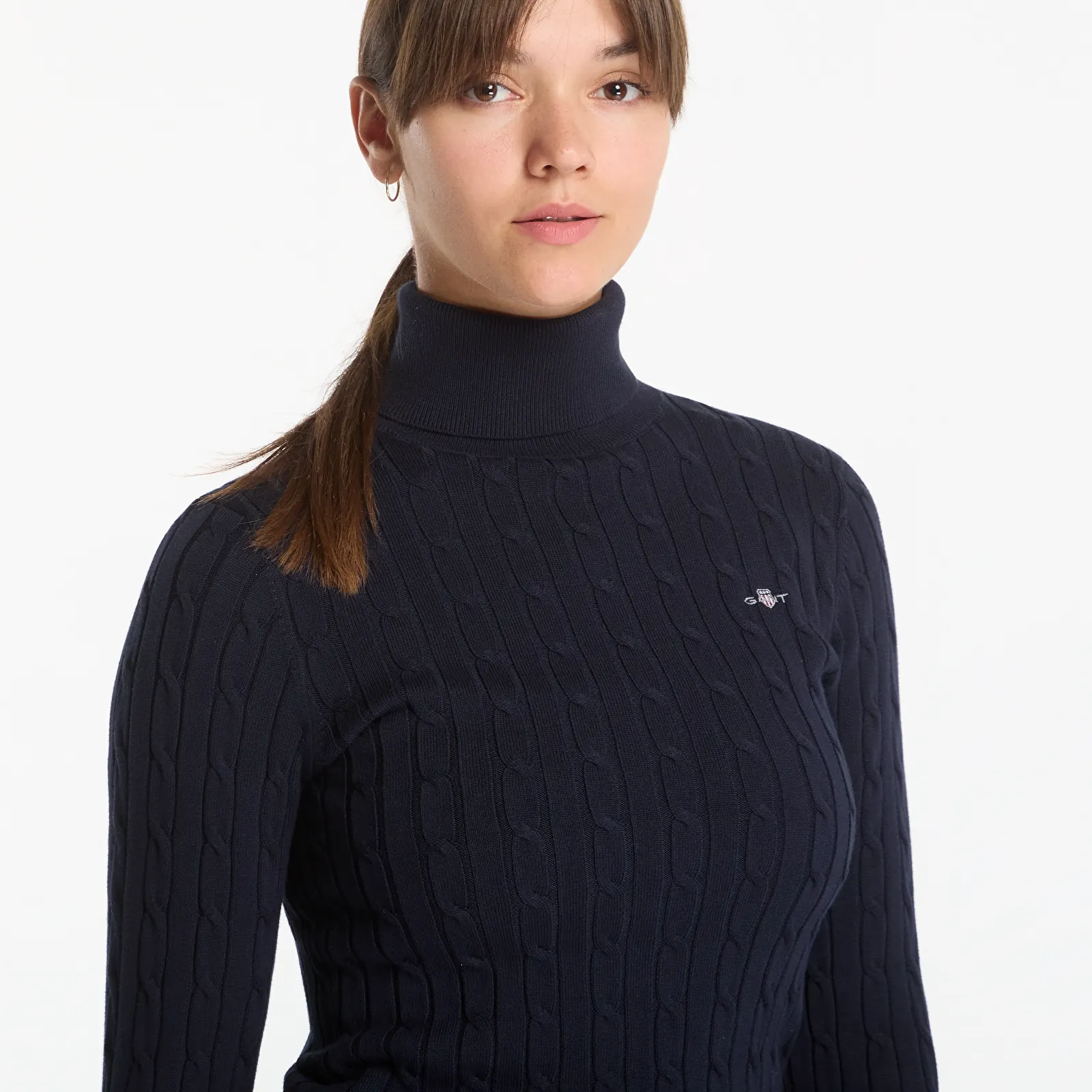 Svetry Gant Stretch Cotton Cable Turtleneck Evening Blue