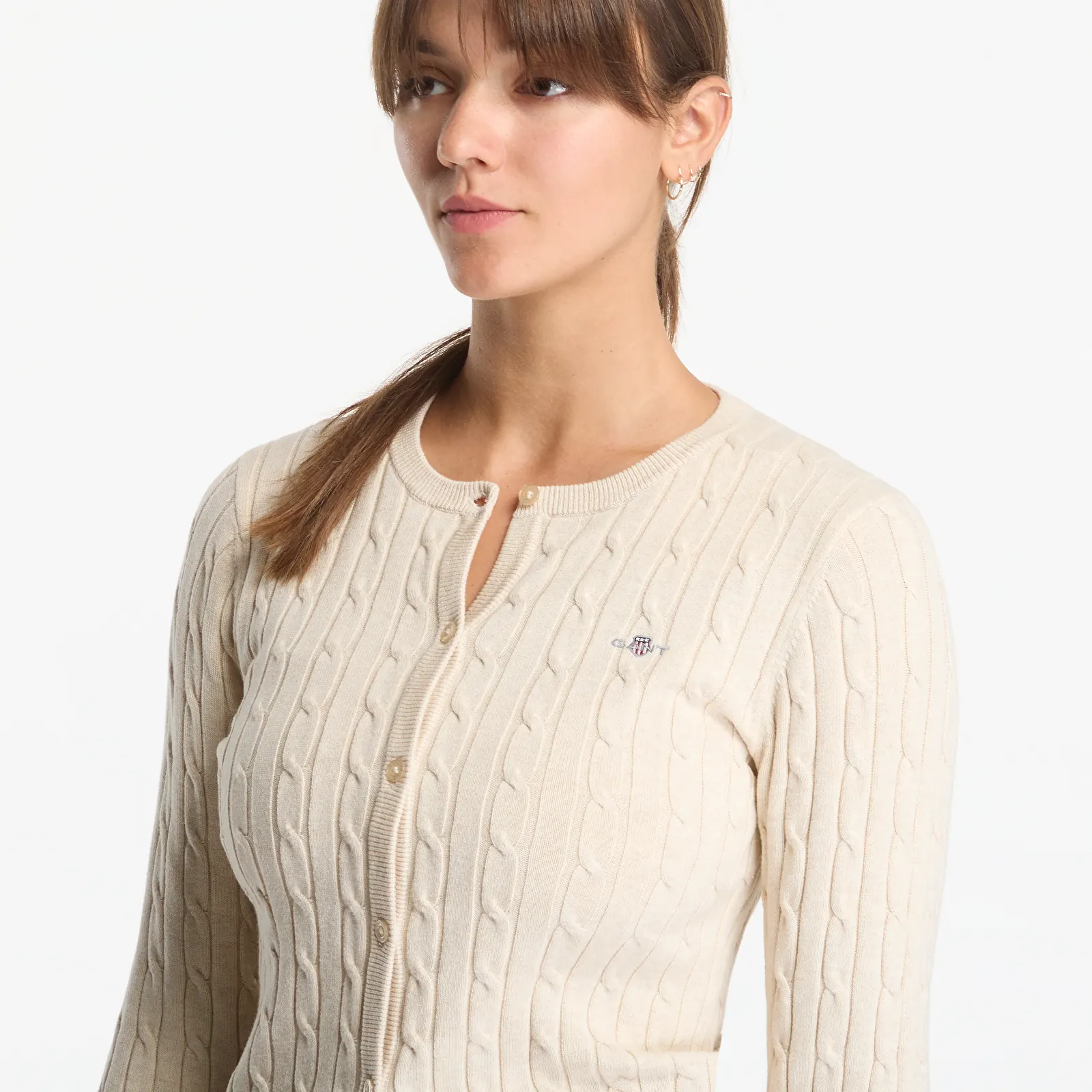 Truien Gant Stretch Cotton Cable Cardigan Dk Chocolate Brown