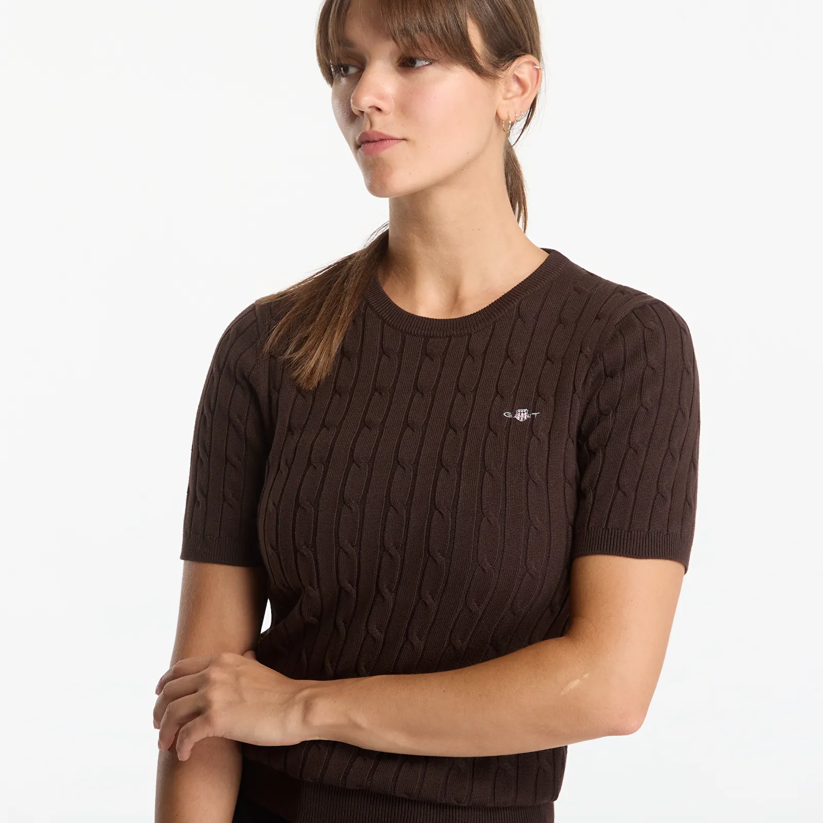 Megztiniai Gant Stretch Cotton Cable Ss C-Neck Dark Brown