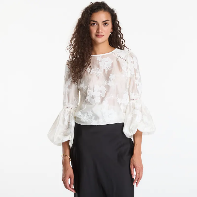 T-skjorte Guess Jeans Ls Brigitte Embro Top Cream White