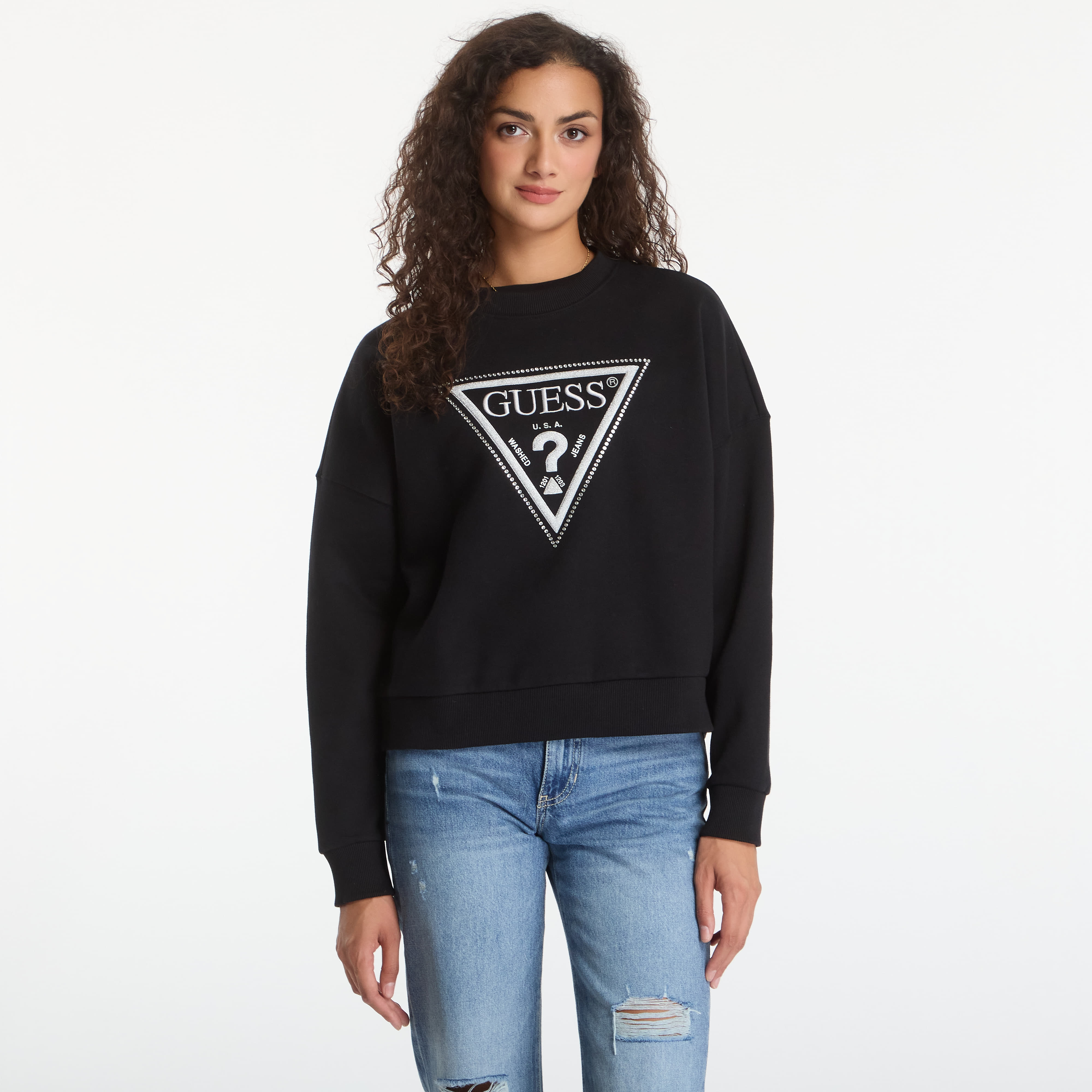 Суитшърт GUESS Cn Triangle Glitter Sweatshirt Jet Black XS