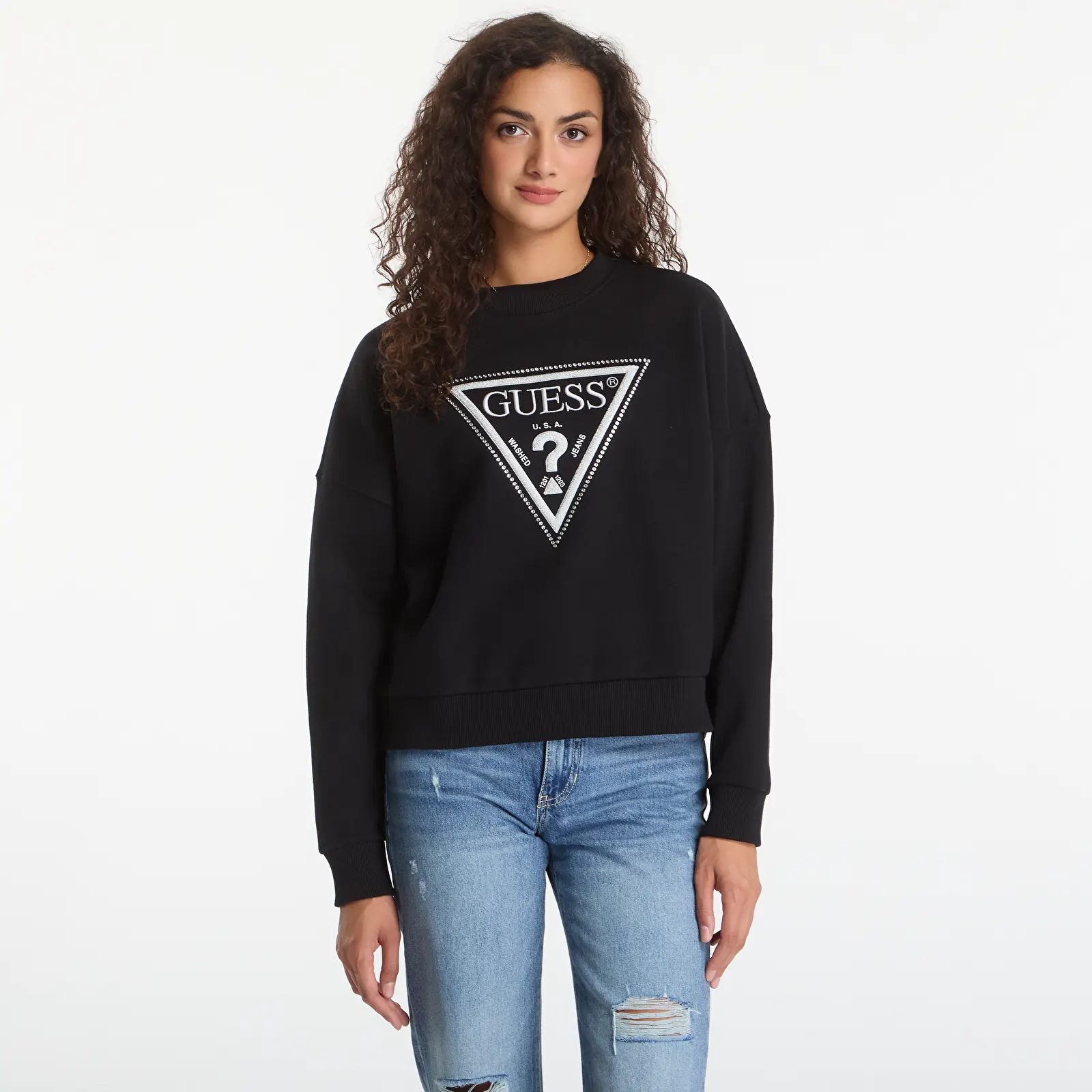 Mikinas ar kapuci un sporta krekli GUESS Cn Triangle Glitter Sweatshirt Jet Black