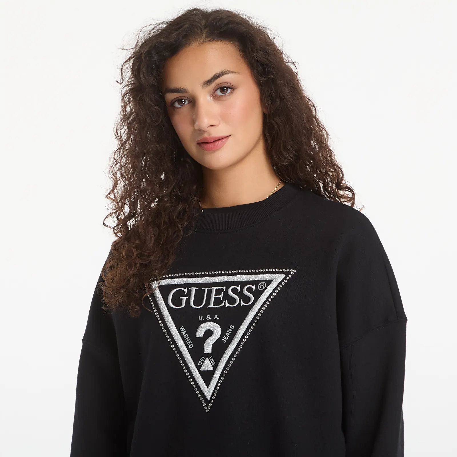 Mikinas ar kapuci un sporta krekli GUESS Cn Triangle Glitter Sweatshirt Jet Black