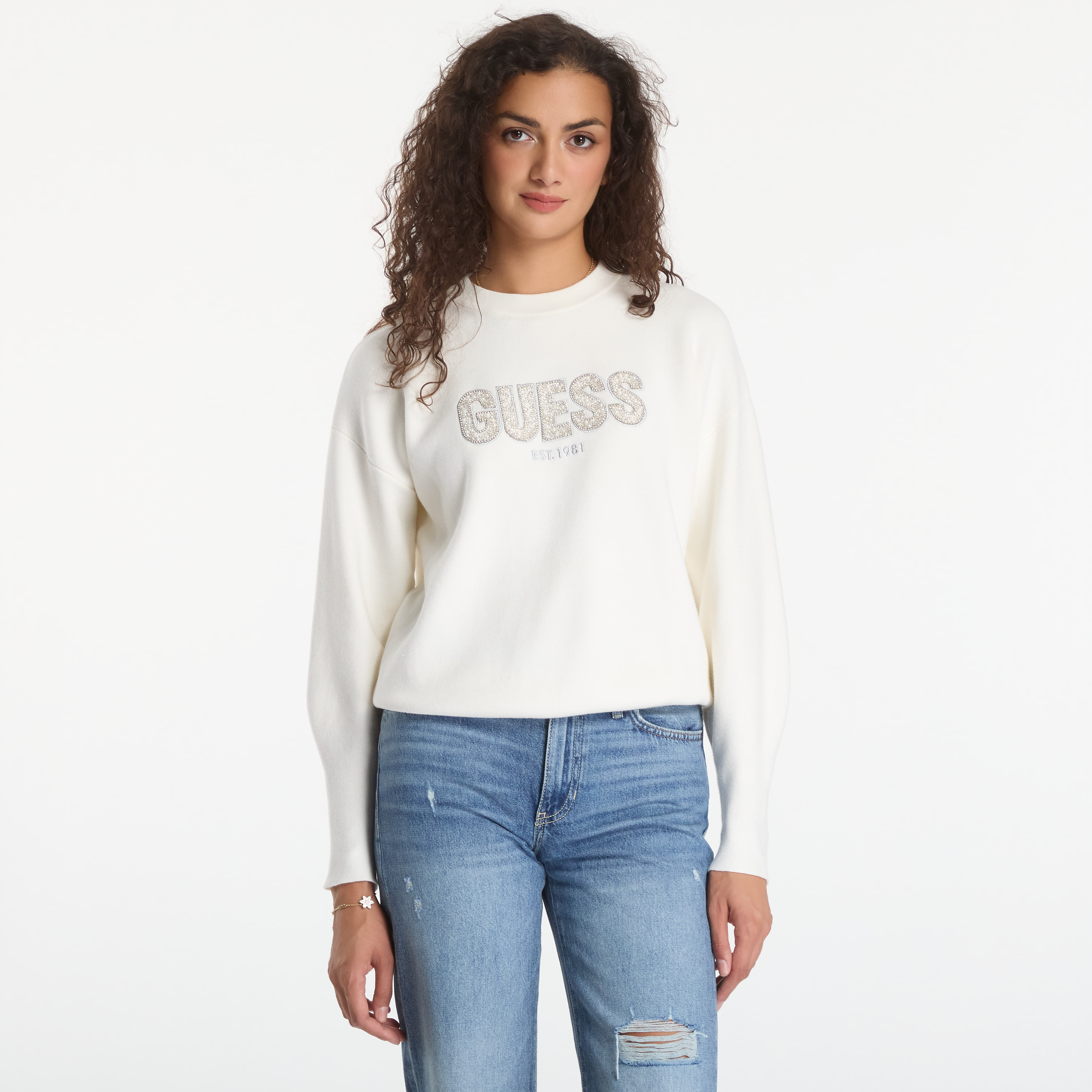 Пуловер GUESS Ls Cn Madeline Logo Sweater Cream White M