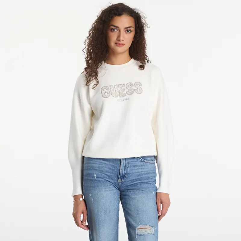Džemperis GUESS Ls Cn Madeline Logo Sweater Cream White