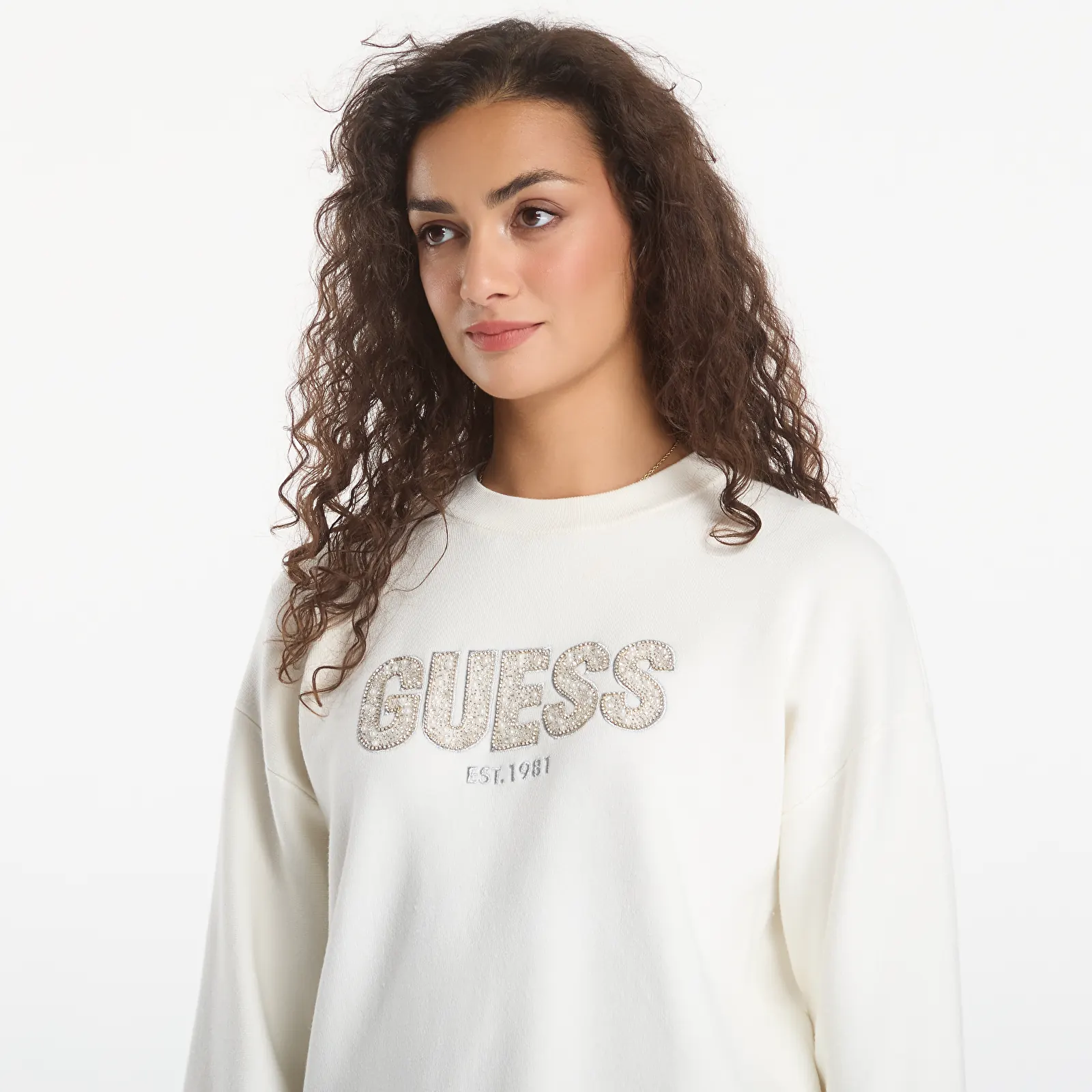 Svetre GUESS Ls Cn Madeline Logo Sweater Cream White