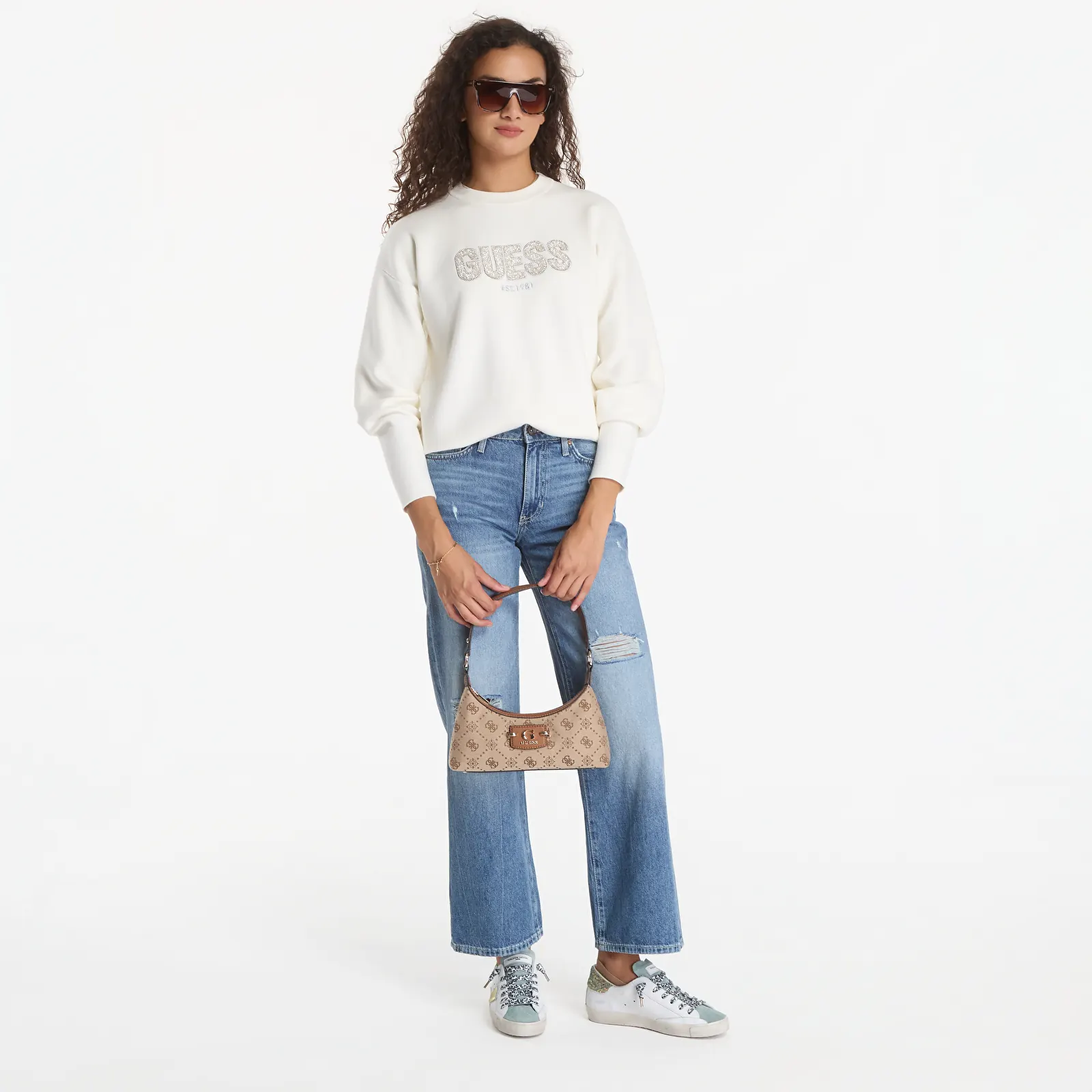 Svetre GUESS Ls Cn Madeline Logo Sweater Cream White
