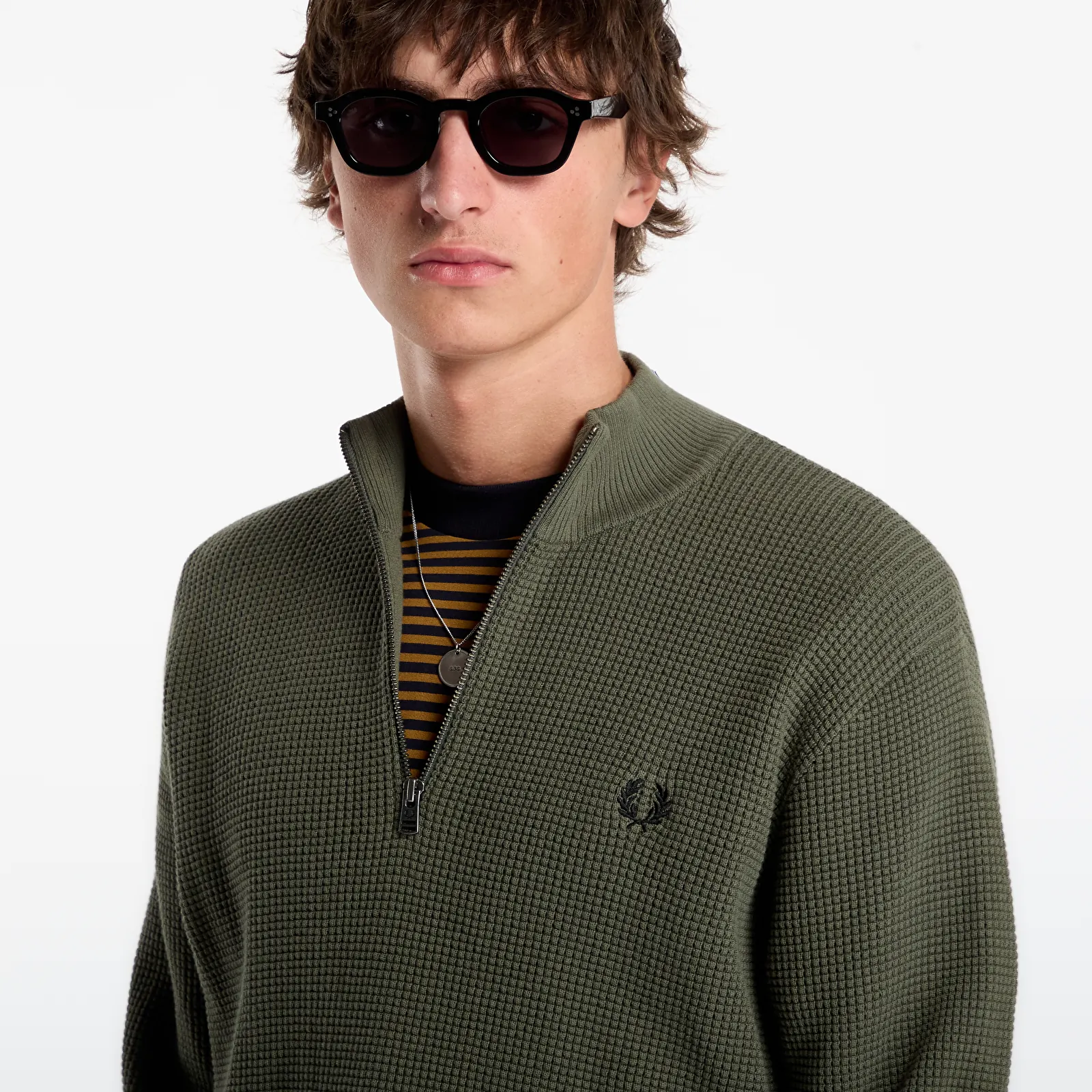 Pulovere pentru bărbați FRED PERRY Waffle Stitch Half Zip Jumper Lrl Wrth Green