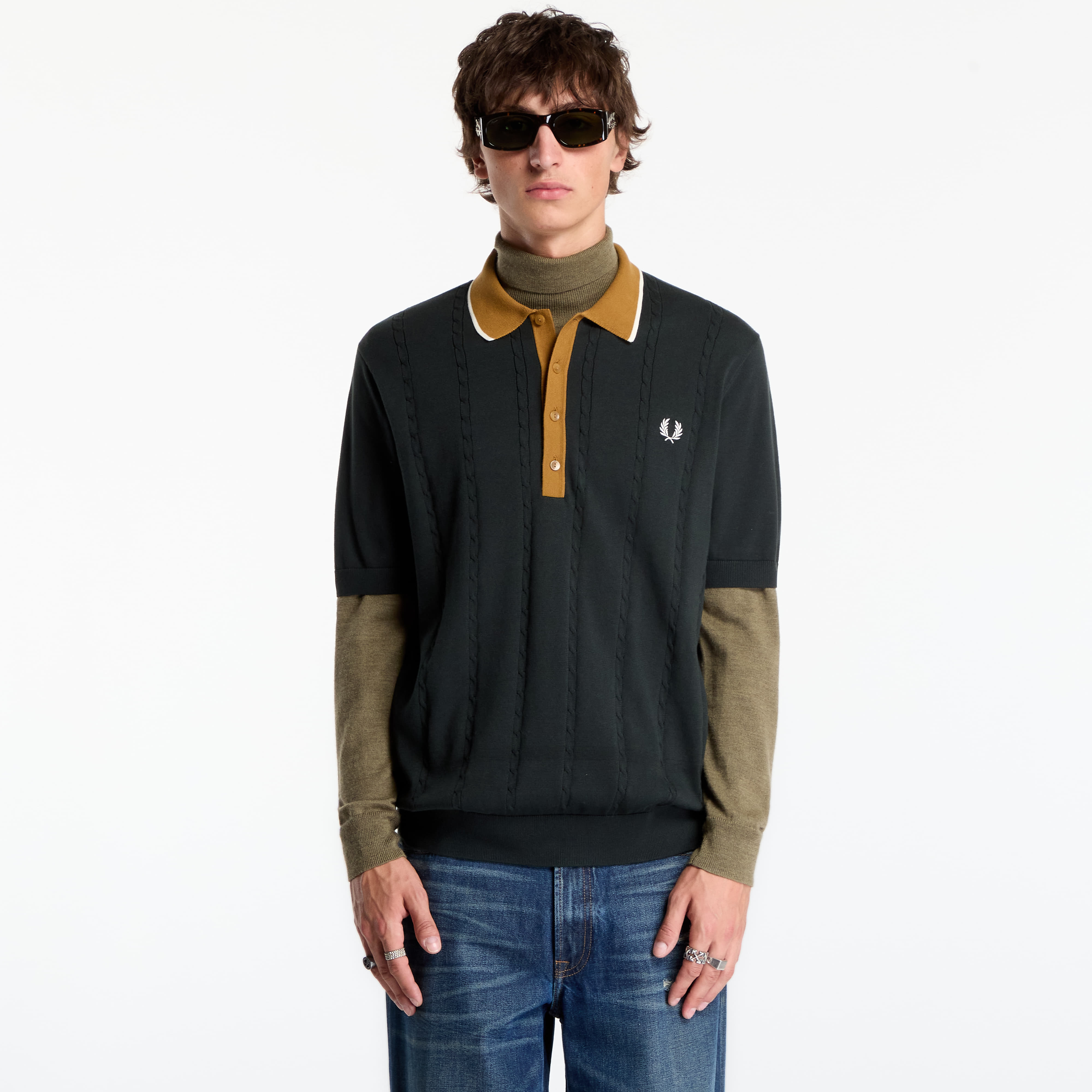 Тениска FRED PERRY Cable Knit Shirt Night Green XL