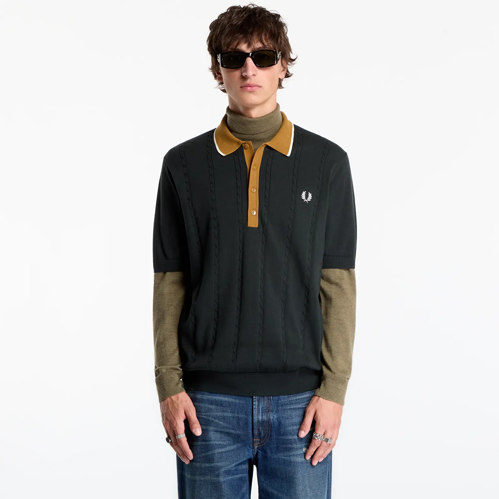 T-shirts til mænd FRED PERRY Cable Knit Shirt Night Green