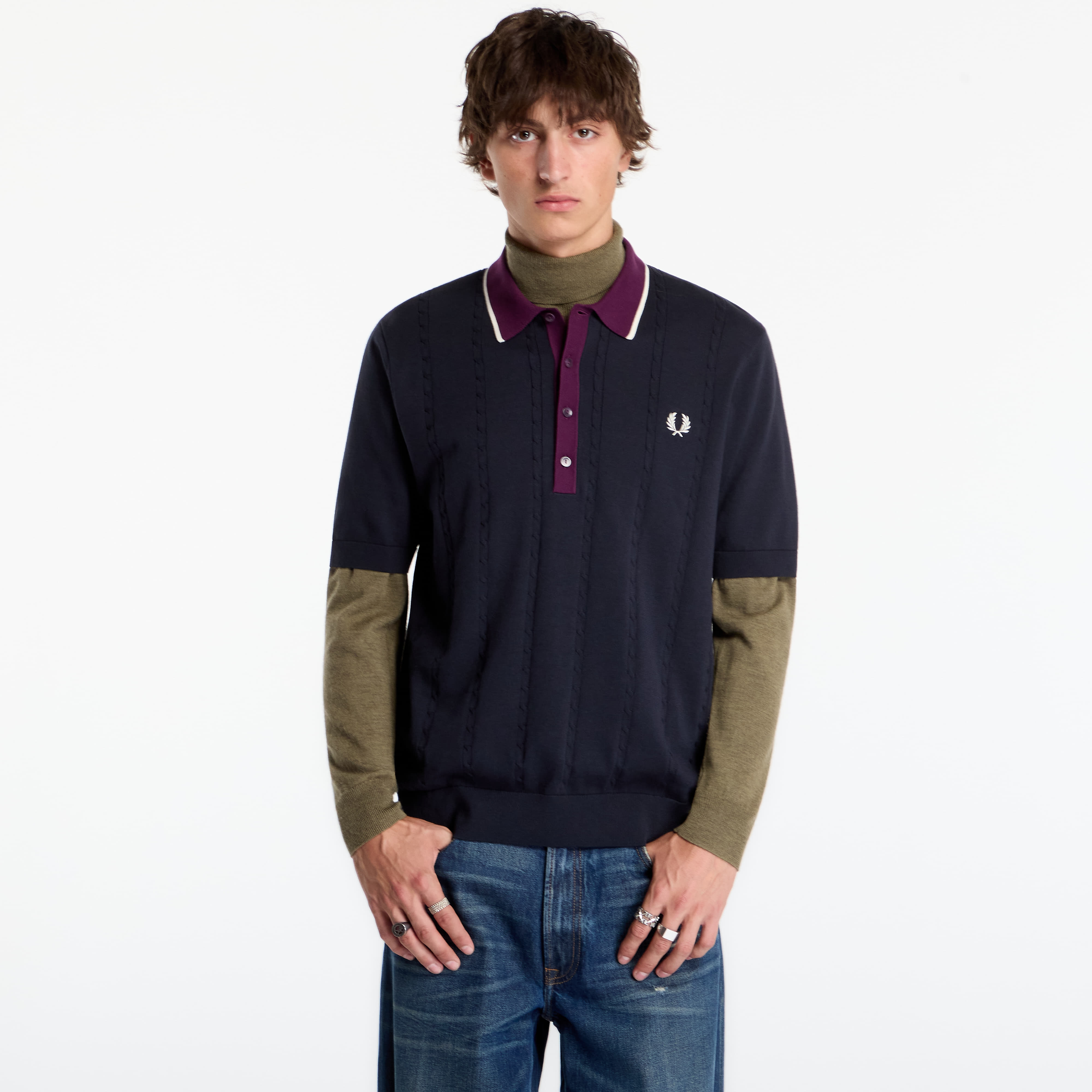 Тениска FRED PERRY Cable Knit Shirt Navy M
