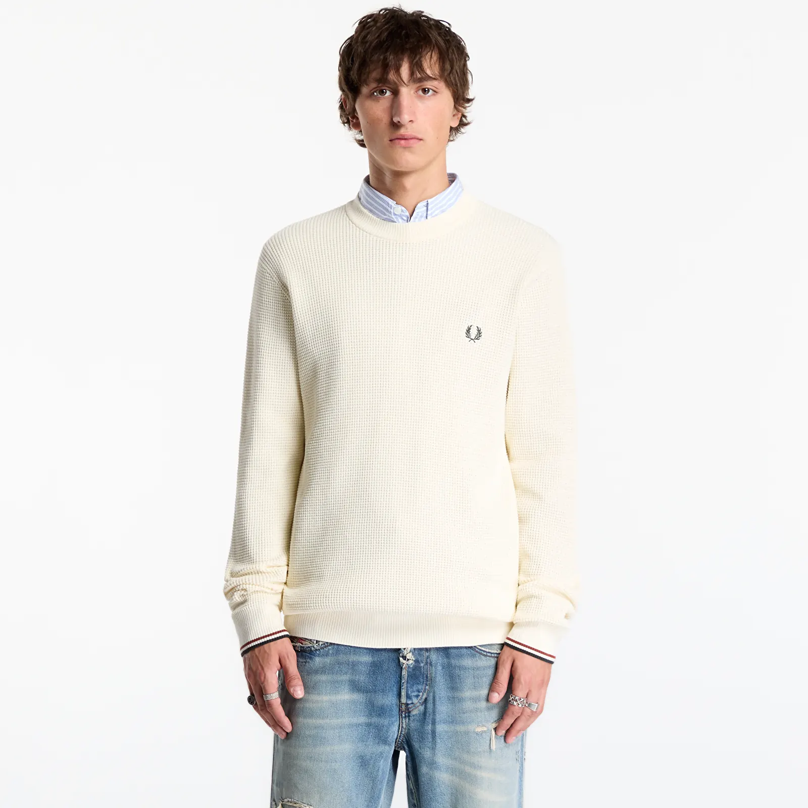 Muške dukserice FRED PERRY Waffle Stitch Jumper Ecru