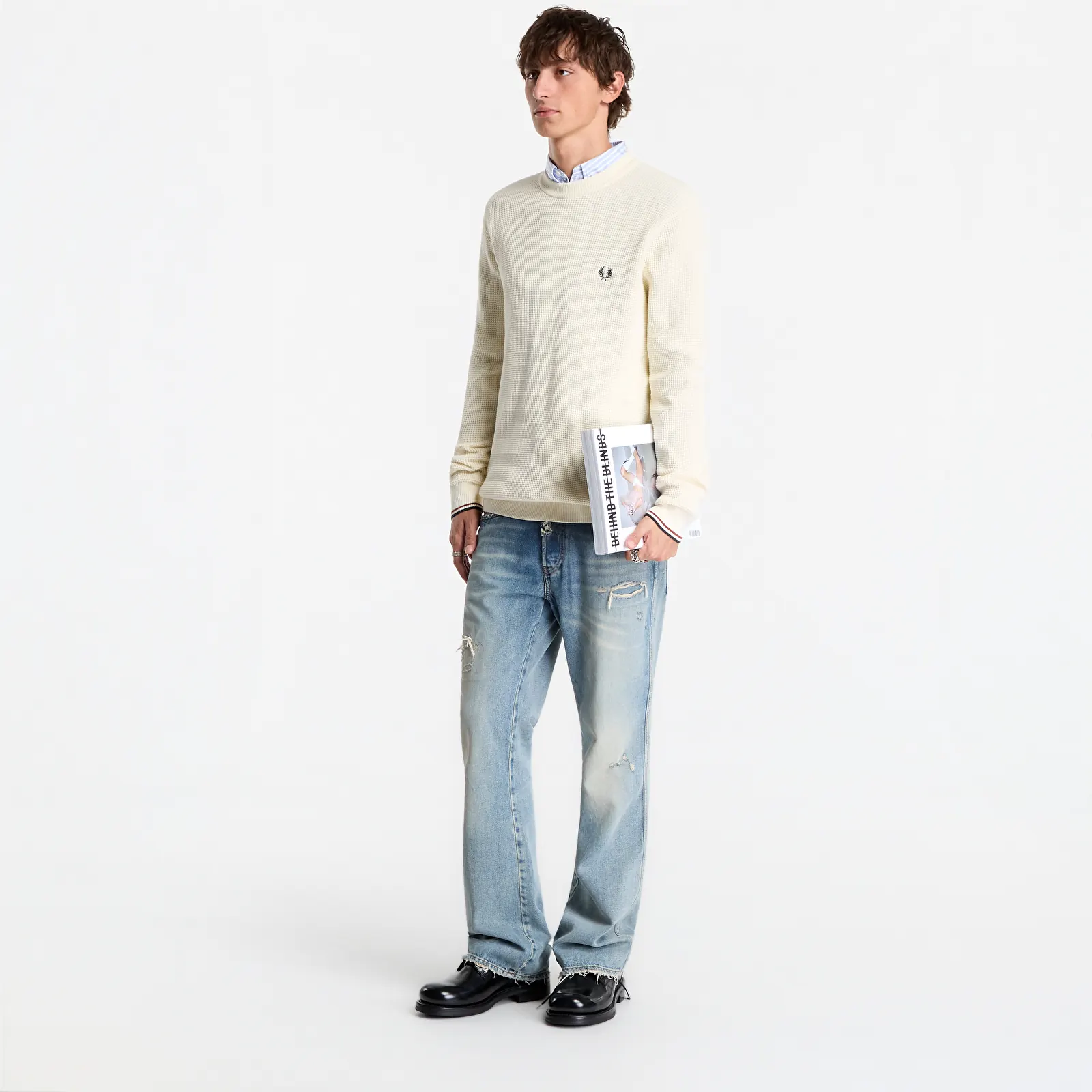 Muške dukserice FRED PERRY Waffle Stitch Jumper Ecru