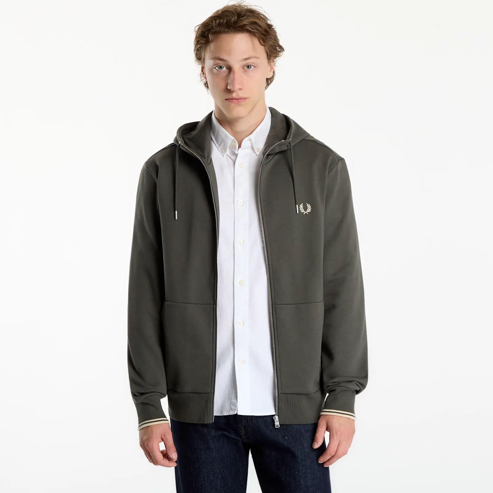 Muške dukserice FRED PERRY Hooded Zip Through Sweatshirt Field Green