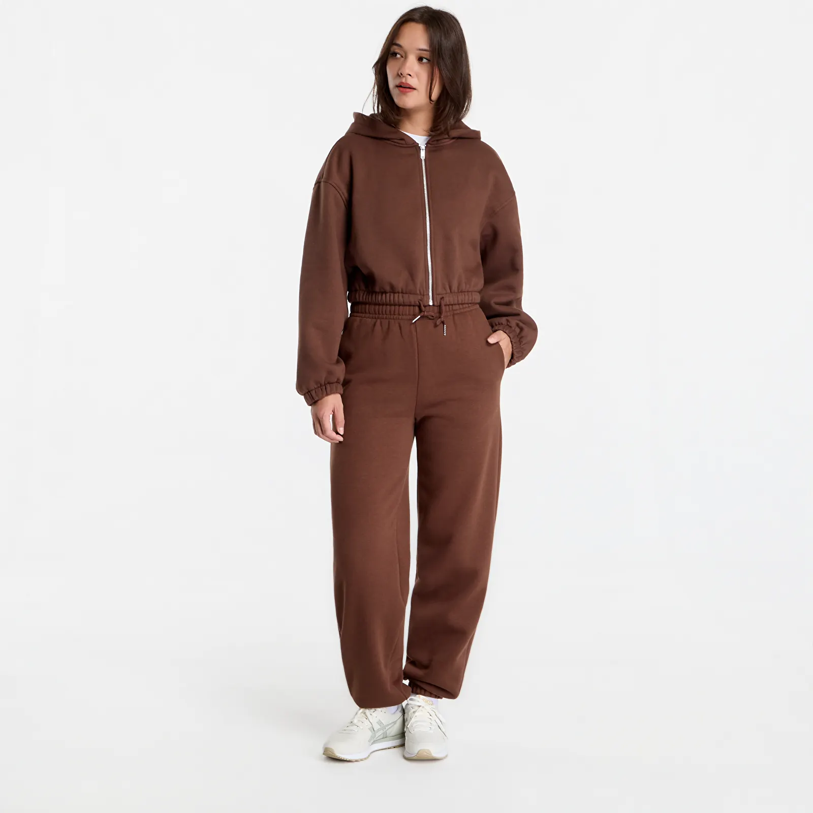 Dámske mikiny Urban Classics Fluffy Cropped Zip Hoodie Chocolate Brown
