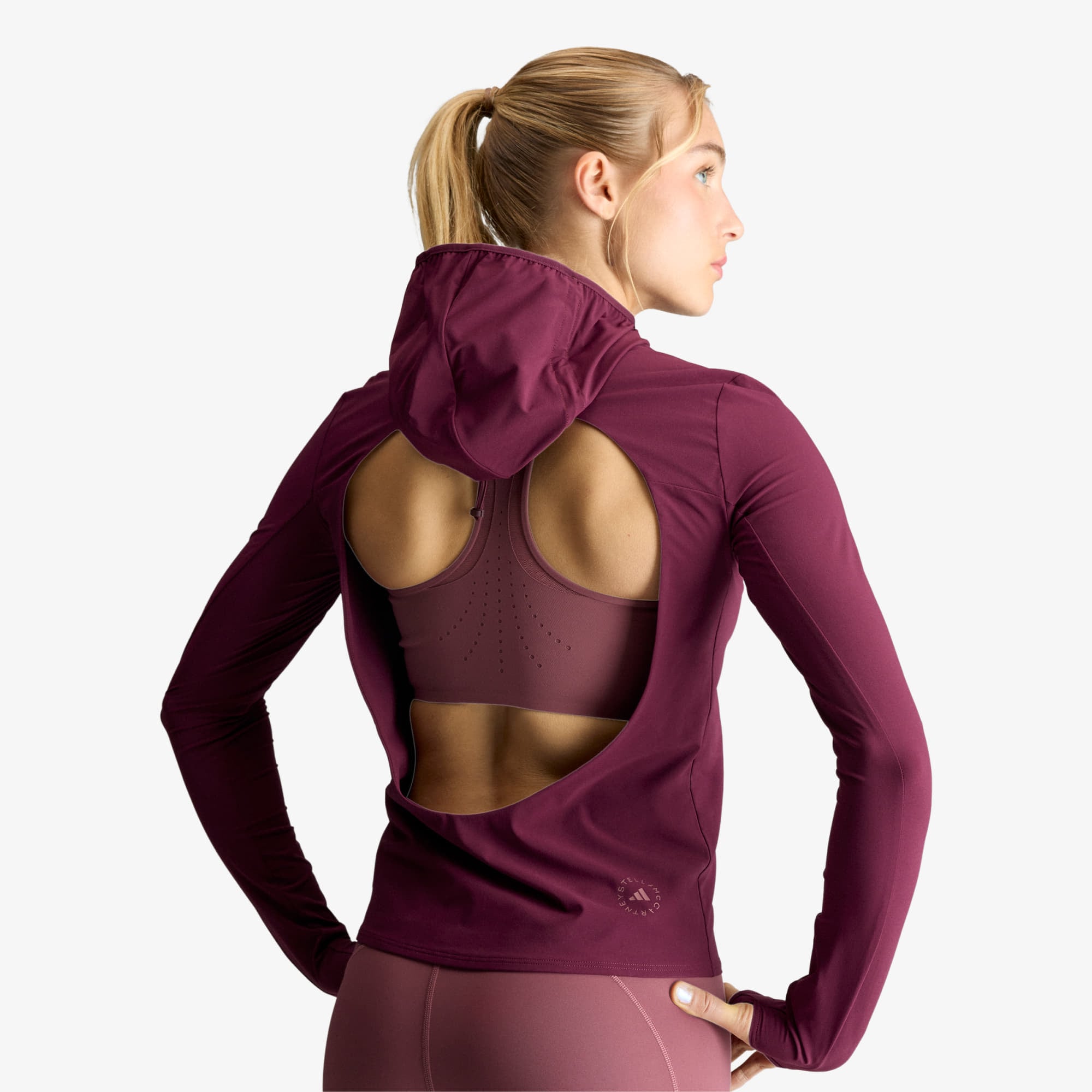 Суитшърт adidas by Stella McCartney Running Hybrid Open-Back Hooded Long Sleeve Maroon XS